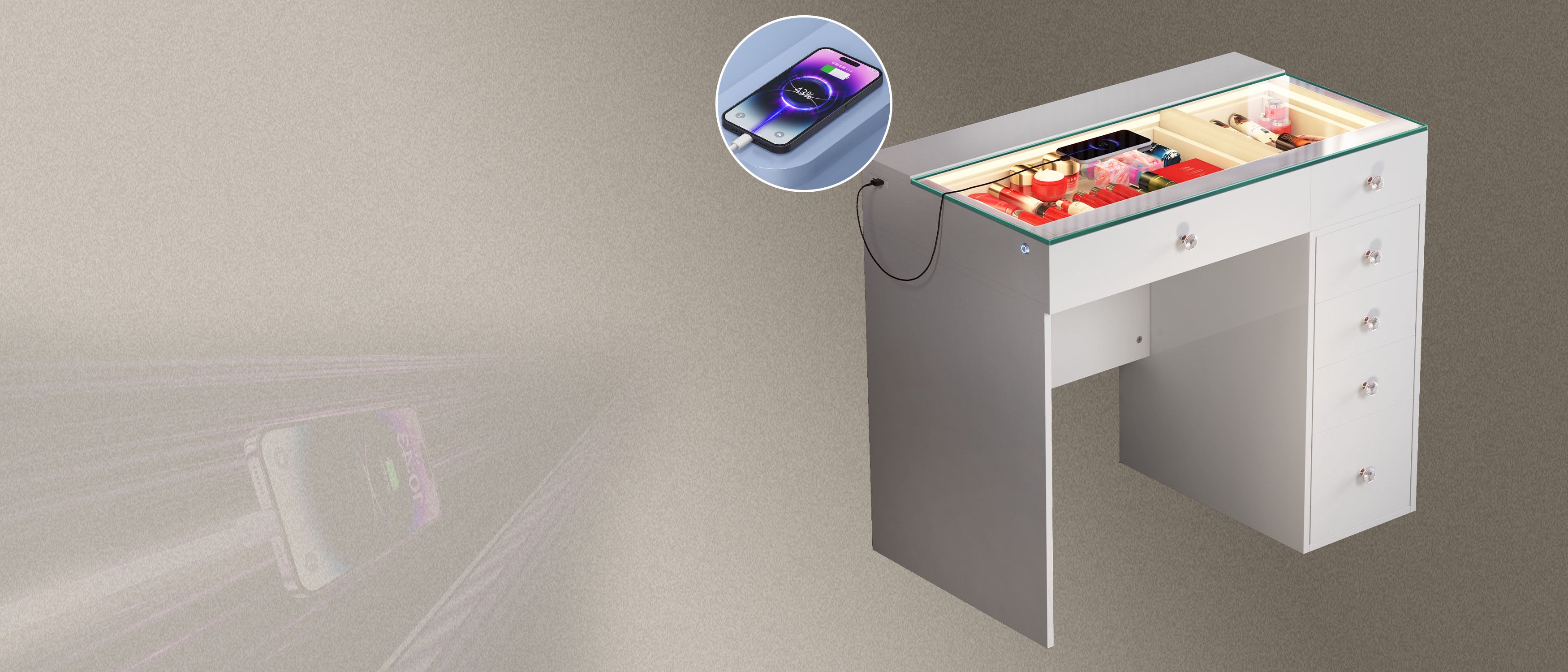 Vanity table with built-in USB and Type-C charging ports – Diana series by Vanitii