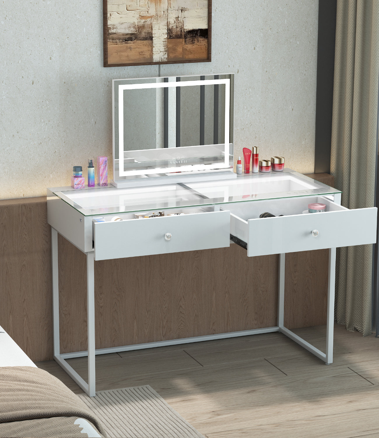 Alice white vanity desk with LED mirror, drawers and USB ports