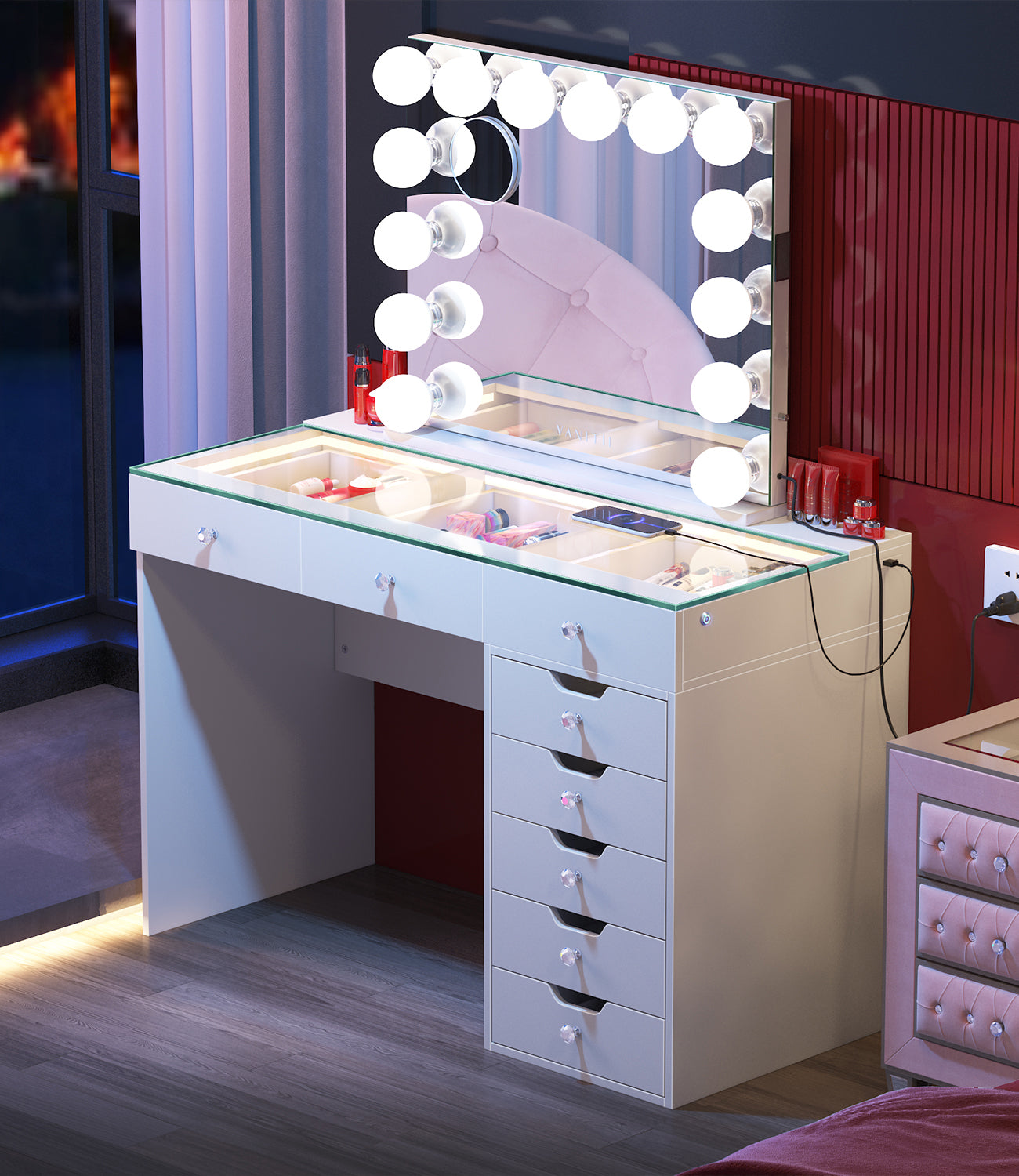 UK bedroom featuring Diana 8 Drawers LED vanity desk-vanitii uk