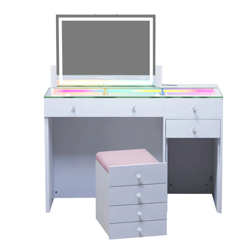 ASCEND Vanity Set featuring an LED makeup mirror, an RGB-illuminated glass countertop, and a matching storage stool, combining makeup display with ample storage space.It is entirely designed in a simple white style.