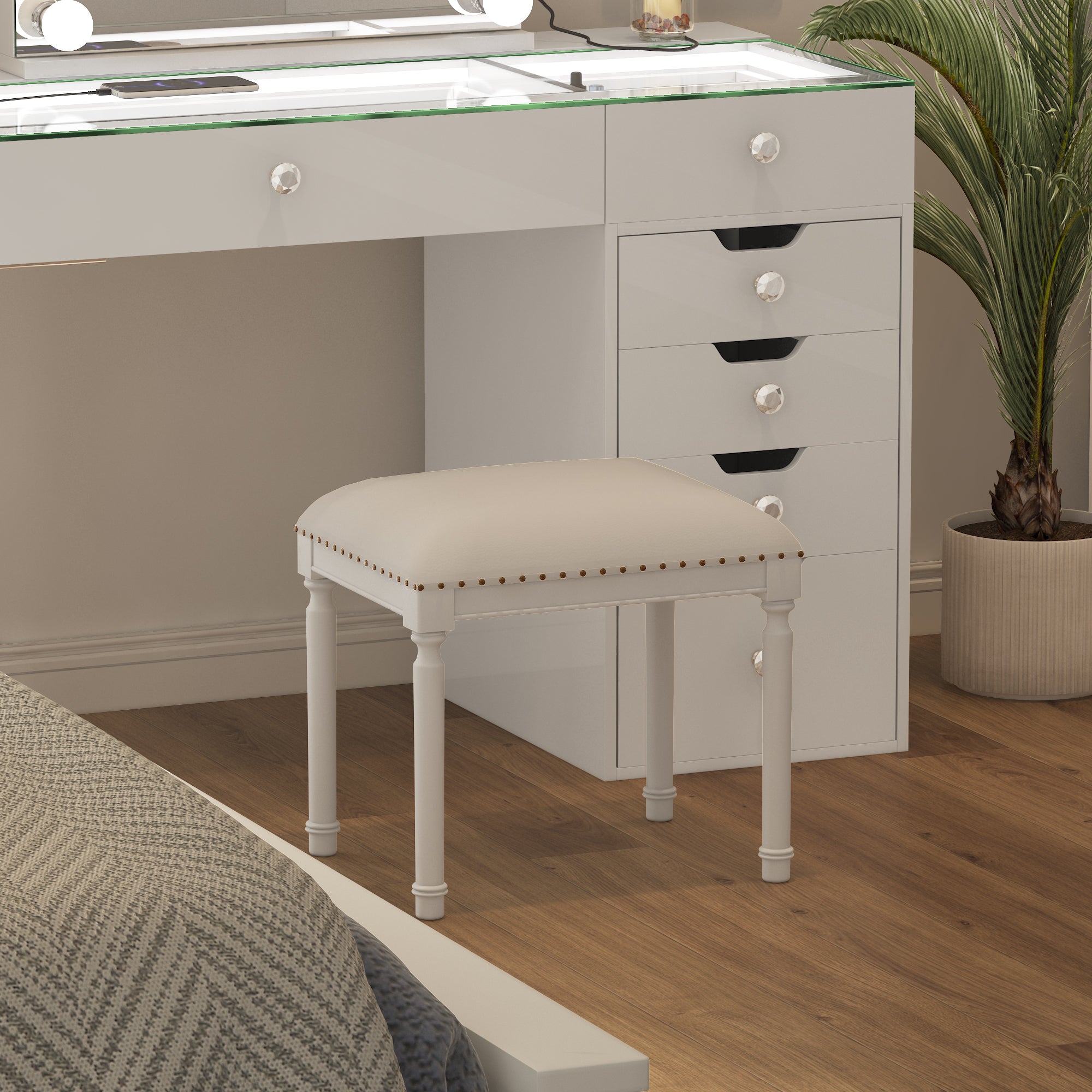 White upholstered dressing stool with gold metal base – Vanitii UK