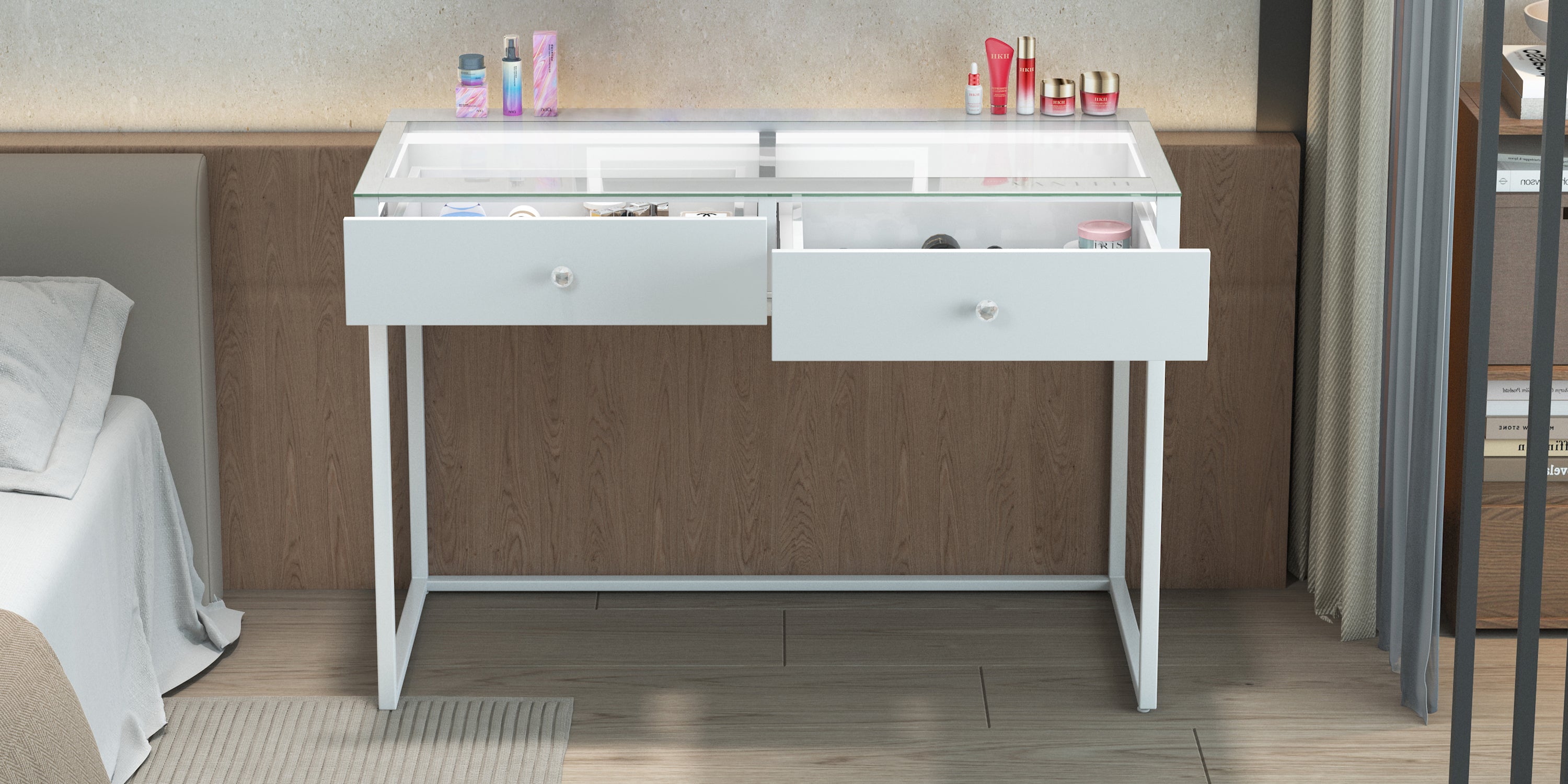 Soft-close drawers with crystal handles on white vanity desk – Vanitii Alice Pro