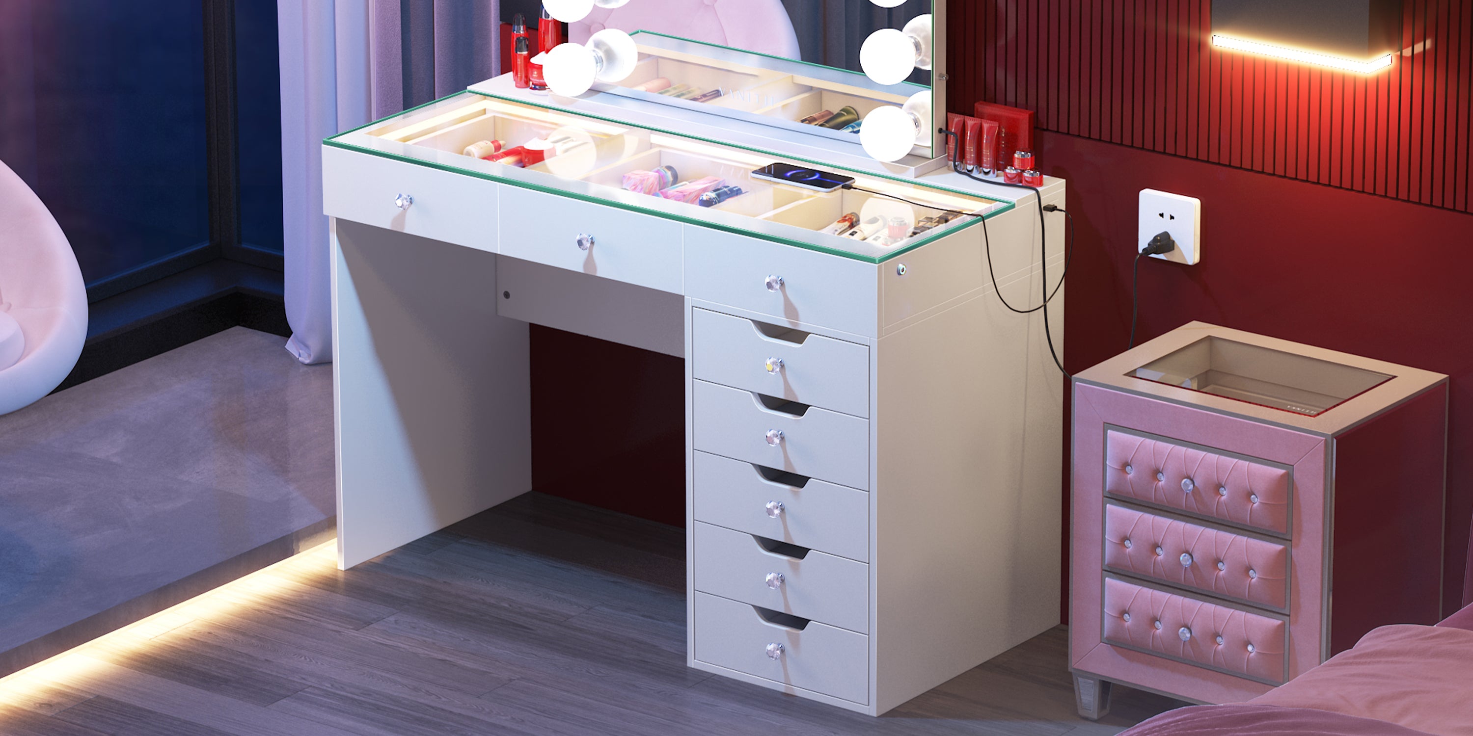 UK bedroom featuring Vanitii Diana 8 Drawers LED vanity desk