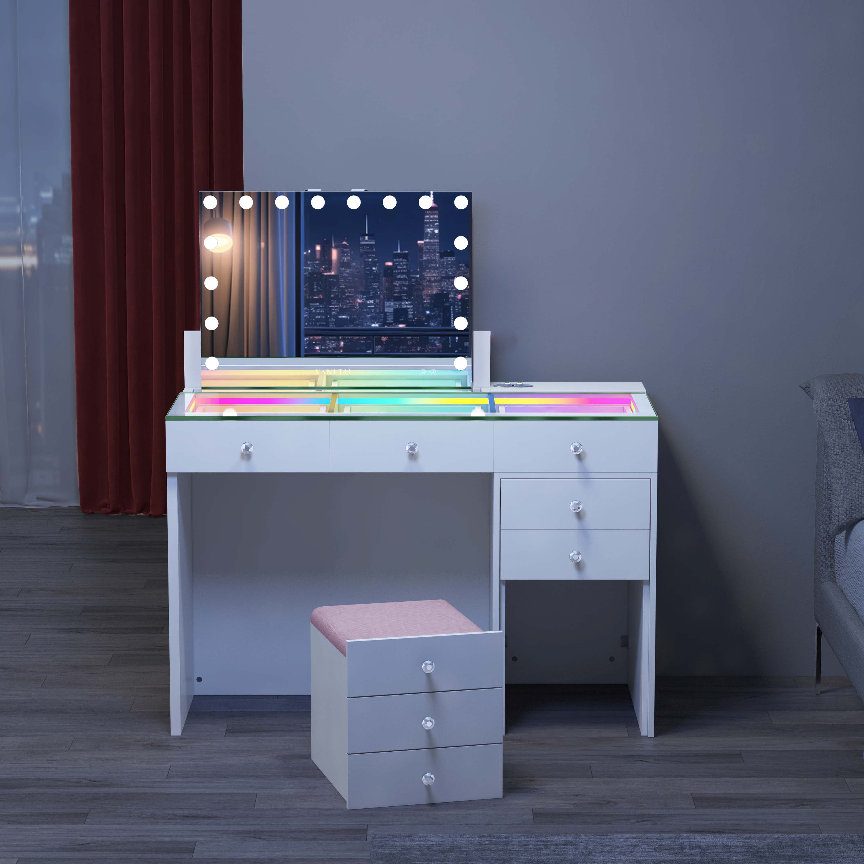 VANITII ASCEND Vanity Set featrues 8 Storage Drawers with Crystal Handles,a hidden stool in the drawers.Vanity mirror built in Bluetooth Speaker and LED Bulbs.It features a simple white design. When placed in the bedroom, it perfectly combines beauty and functionality.