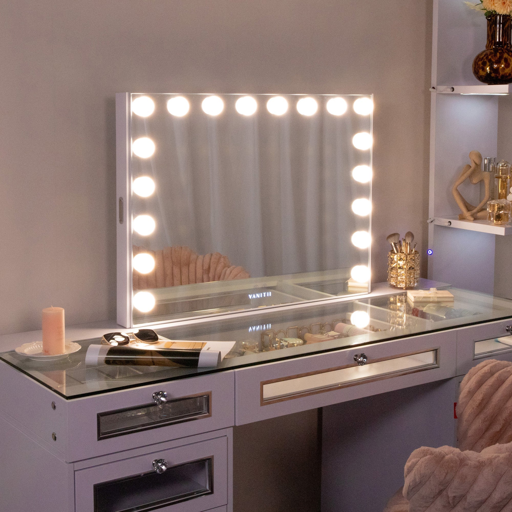 VANITII Hideaway Jewelry Vanity Mirror features high lumen LED bulbs，smart touch control，buletooth speakers and detachable mirror base.Placed on the makeup table in the bedroom, they perfectly combine beauty and functionality.