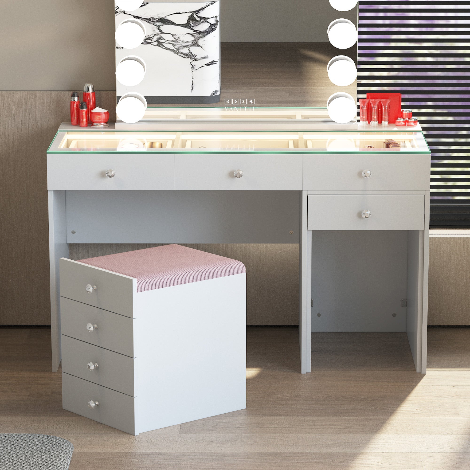 Dressing table with mirror and stool in a room setting