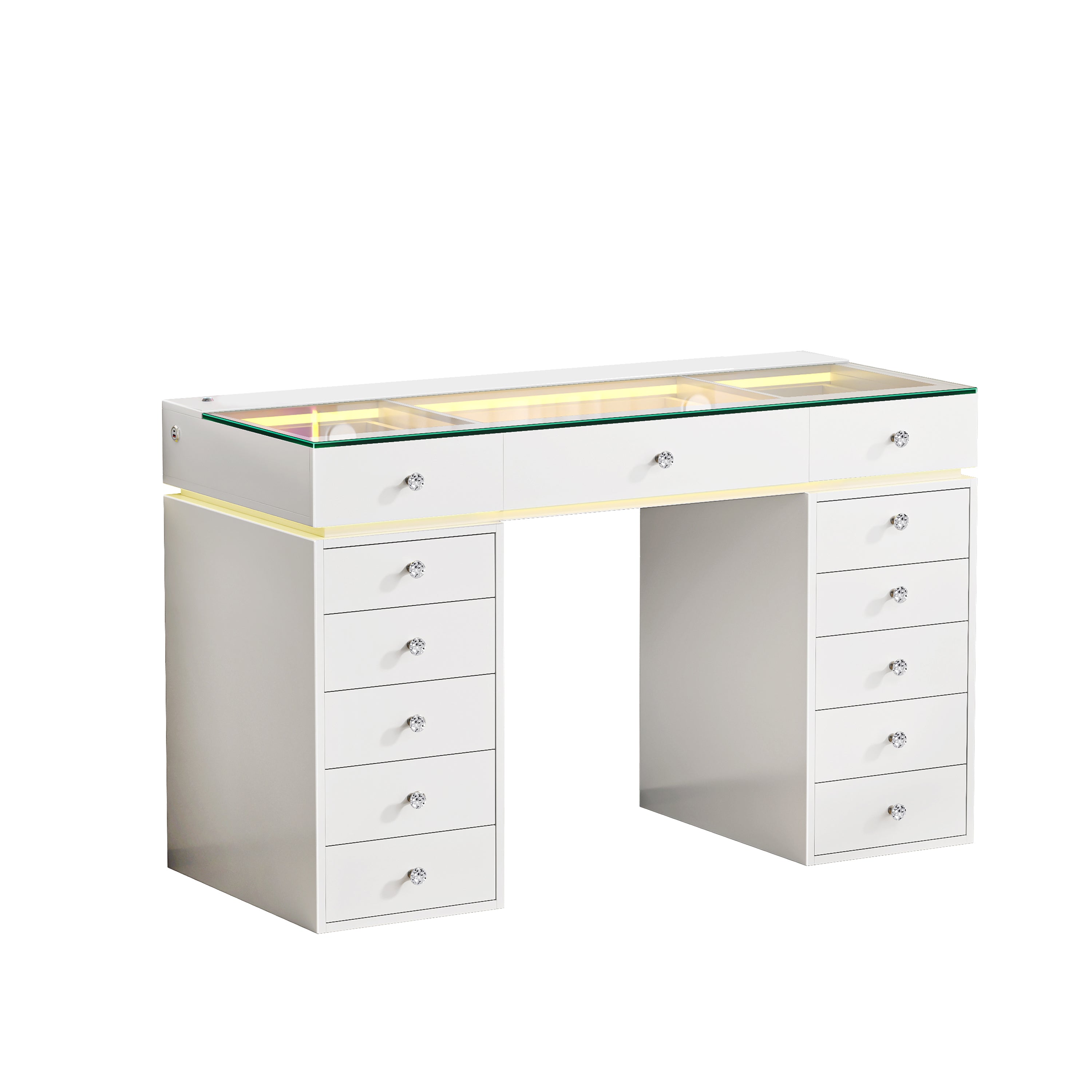 The VANITII Mini Eva white vanity unit with multiple drawers and a glass display top featuring built-in lighting.It is entirely designed in a simple white style. 