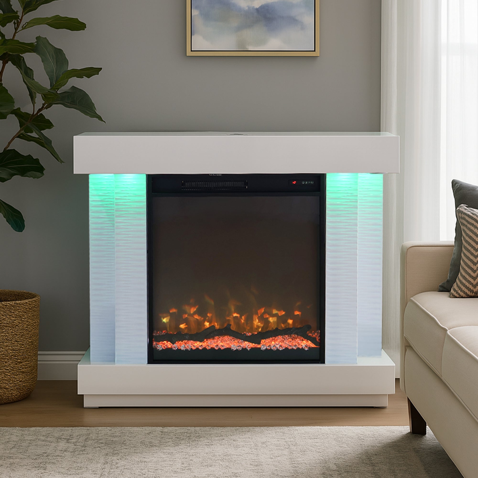 VANITII Modern Electric Fireplace TV Stand featuring a white electric fireplace, complete with color-changing LED ambient lighting on both sides, combining heating functionality with decorative appeal. Designed for easy setup, it can be placed directly in your living room or bedroom.