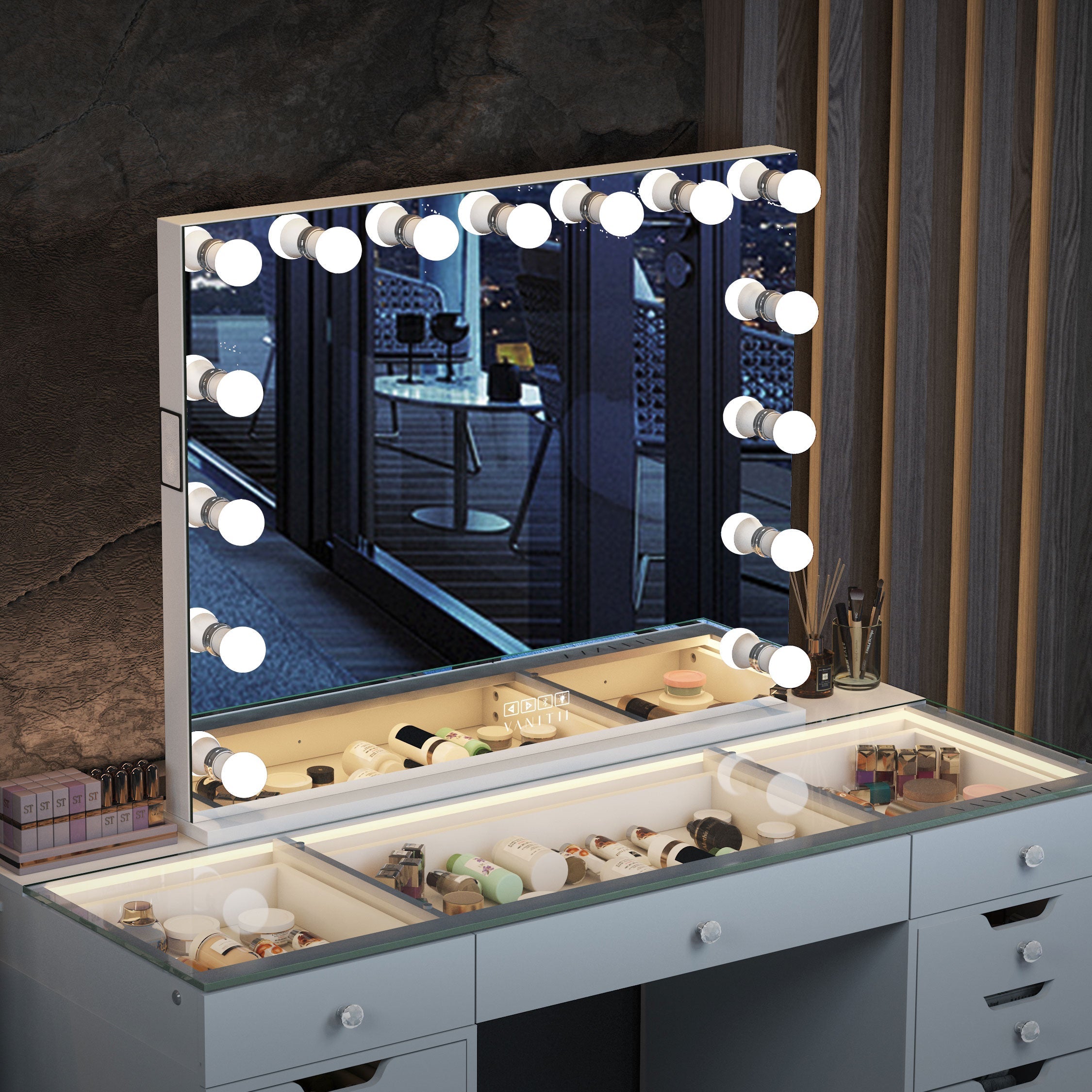 VANITII Marilyn Hollywood Vanity Mirror Pro Max - Tabletop or Wall Mount Vanity Mirror with 15 Dimmable LED Bulbs vanitii,Intelligent touch control，built-in bluetooth speakers and Outlet and USB charging port.It places in the bedroom.Combines fashion and practicality perfectly.
