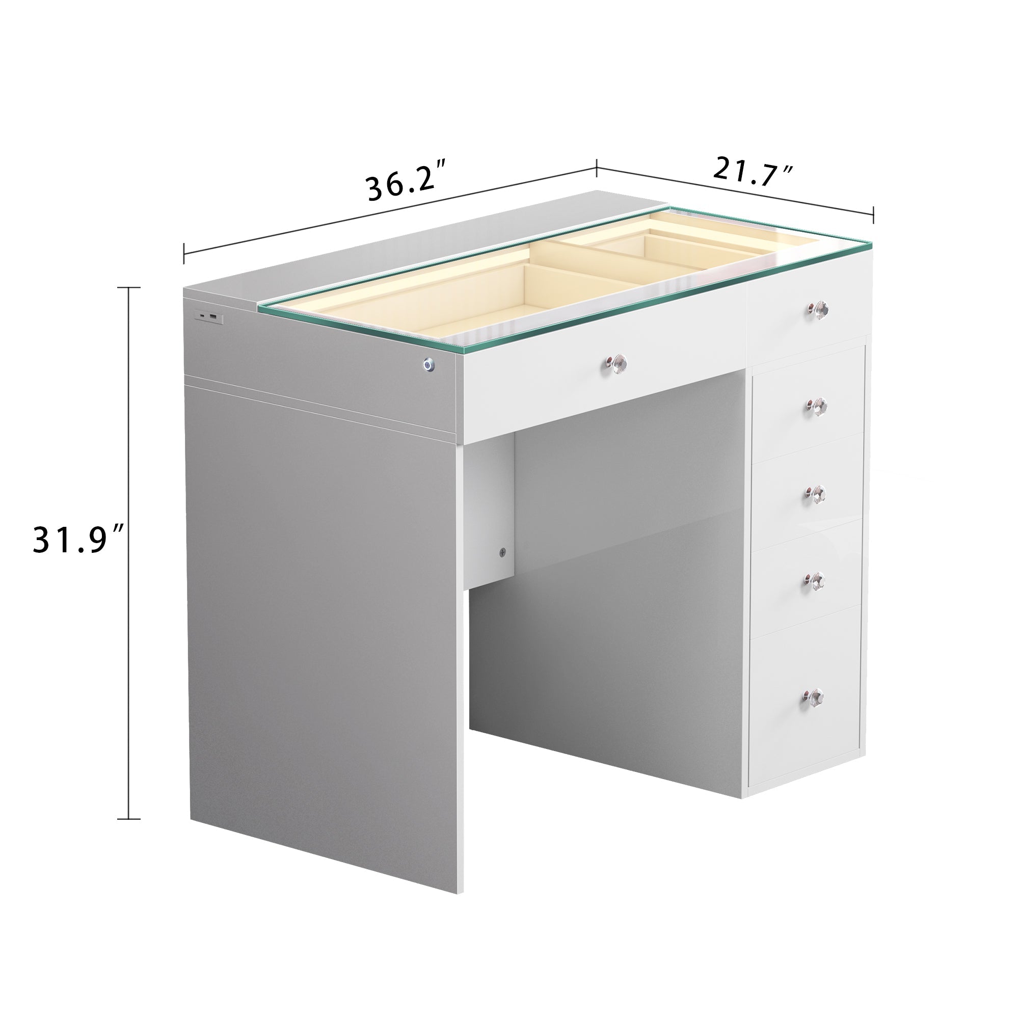 Size of VANITII Diana Vanity Desk with 6 storage drawers and built-in LED light strip.