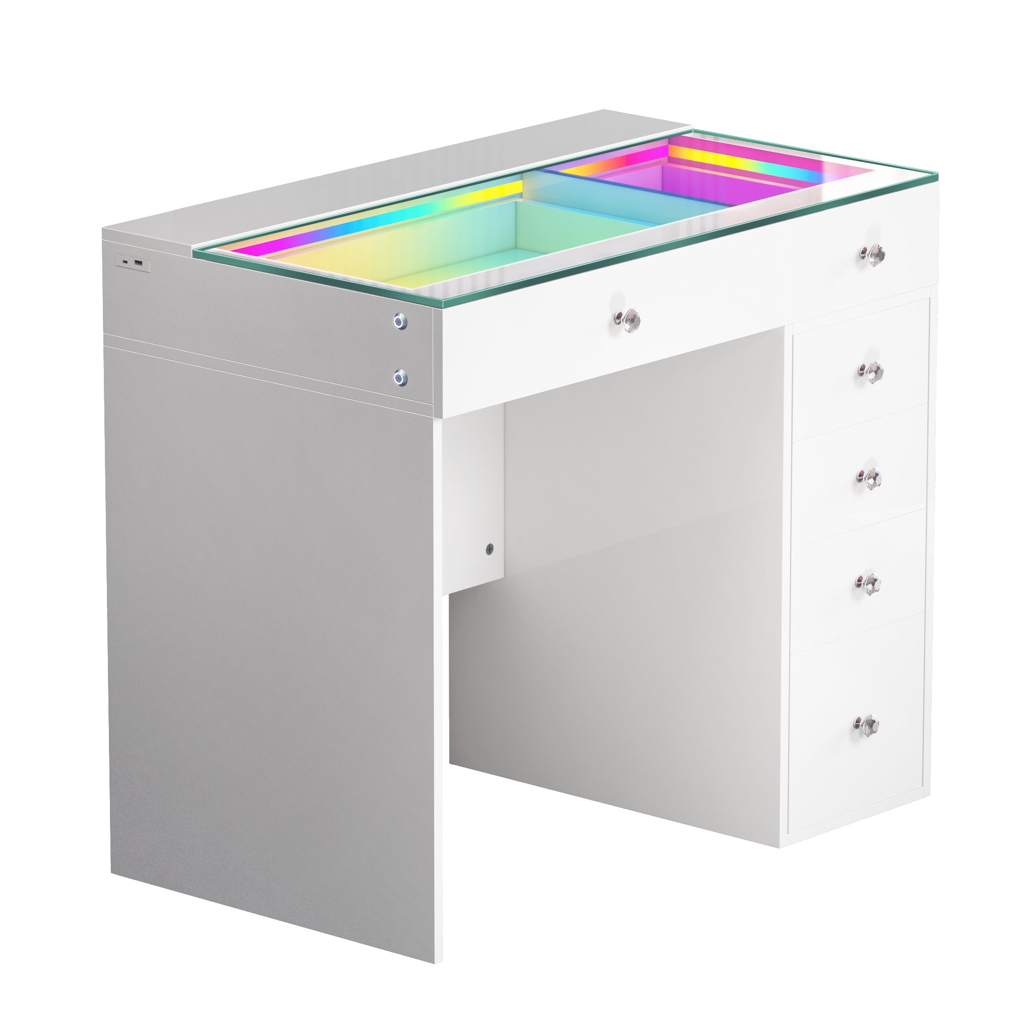 VANITII Diana vantity desk with 6 drawers, featuring a glass display top with RGB lighting and Type-C and USB charging ports.It features a simple and white design.