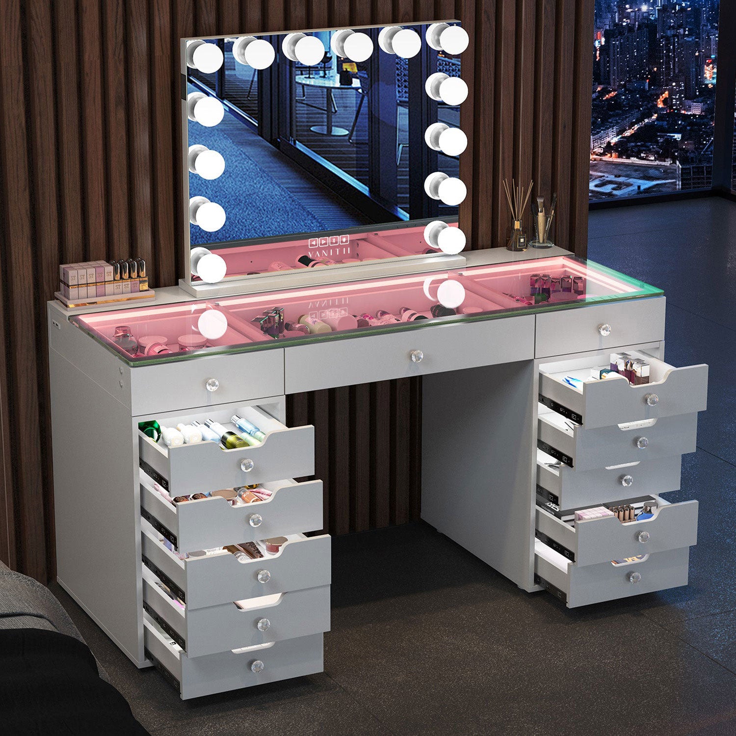 VANITII Eva Vanity Desk  - 13 Storage Drawers with Full Light & RGB vanitii