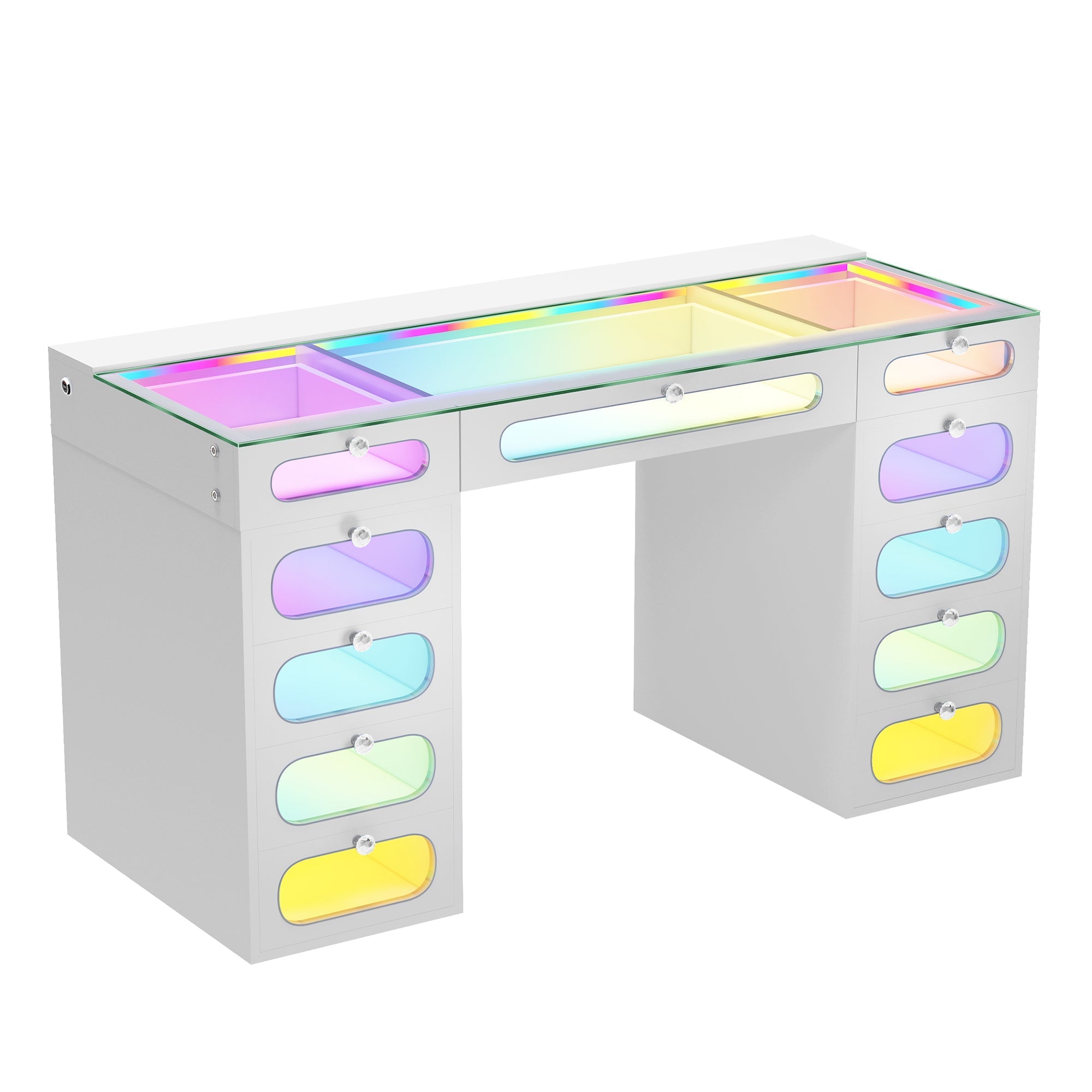 VANITII Priscilla Vanity Desk features 11 Glass Fronted Drawers with Crystal Handles.And it built-in LED light Strip on the Desktop and in the Drawers.Also customizable RGB mood lighting.It features a simple white design. Perfectly combines beauty and functionality.