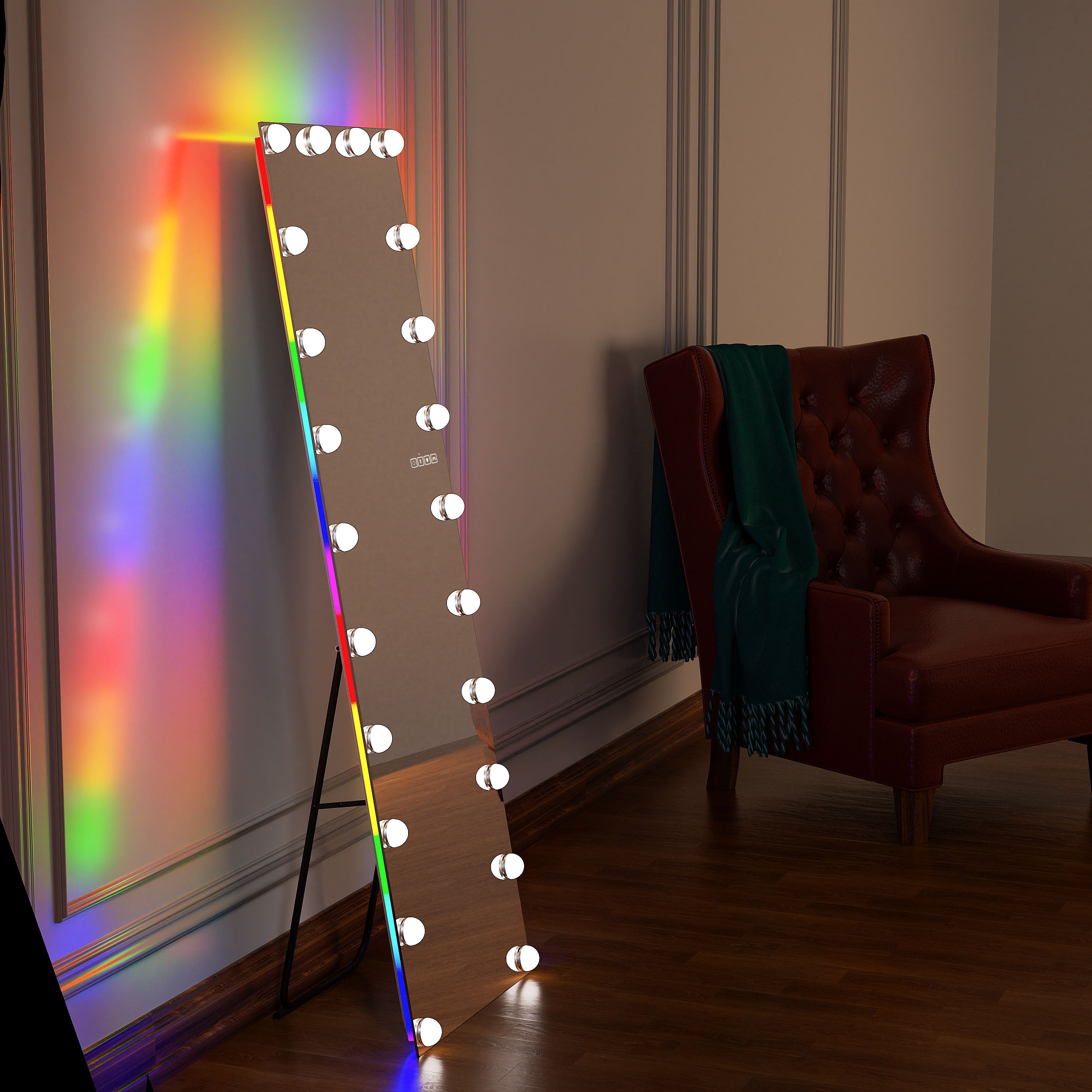 VANITII Full-Length Vanity Mirror features RGB LED Light，22 adjustable  brightness bulbs，smart touch control and detachable mirror base.Whether placed in the living room or bedroom, it is both practical and versatile. 