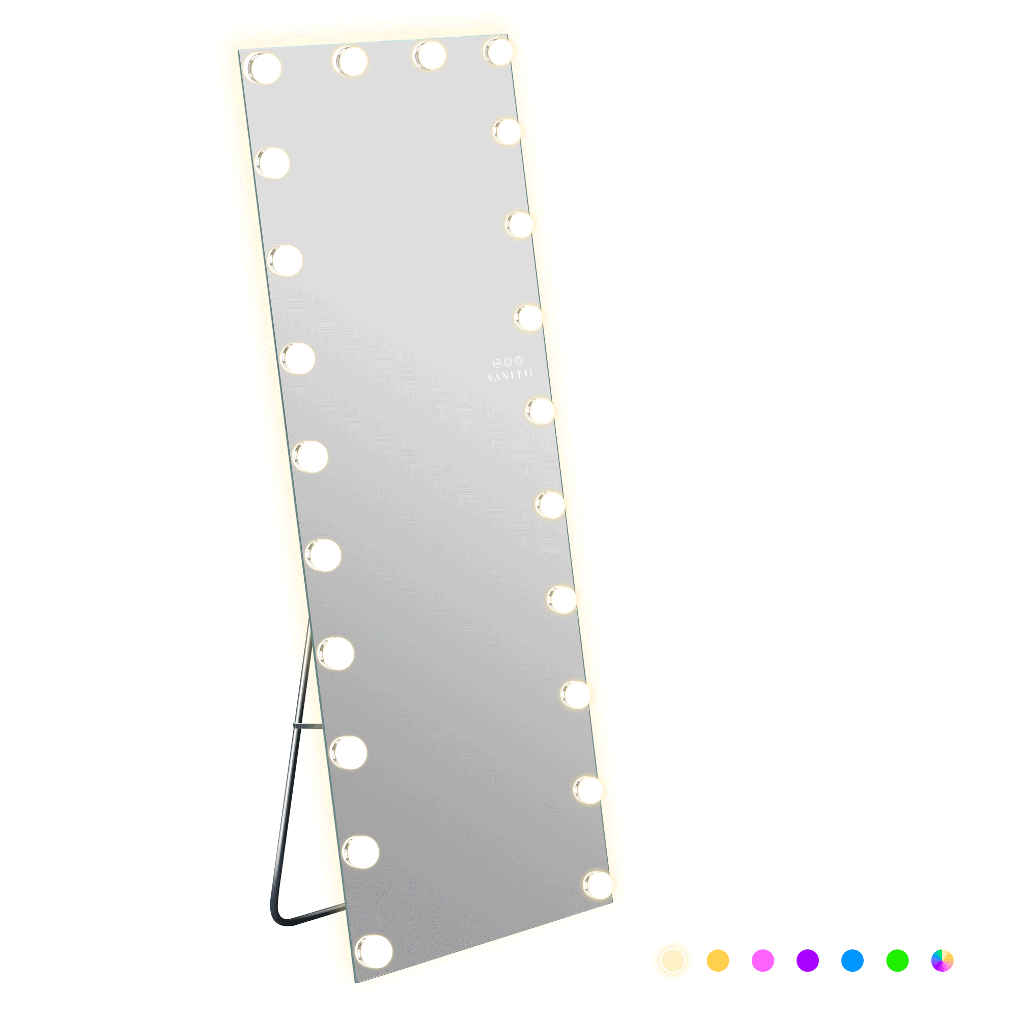 This full-length vanity mirror is equipped with 22 dimmable LED bulbs, intelligent touch control, RGB light strips, a built-in Bluetooth speaker, and a detachable base. It can perfectly showcase your entire body and create an atmosphere in the bedroom.