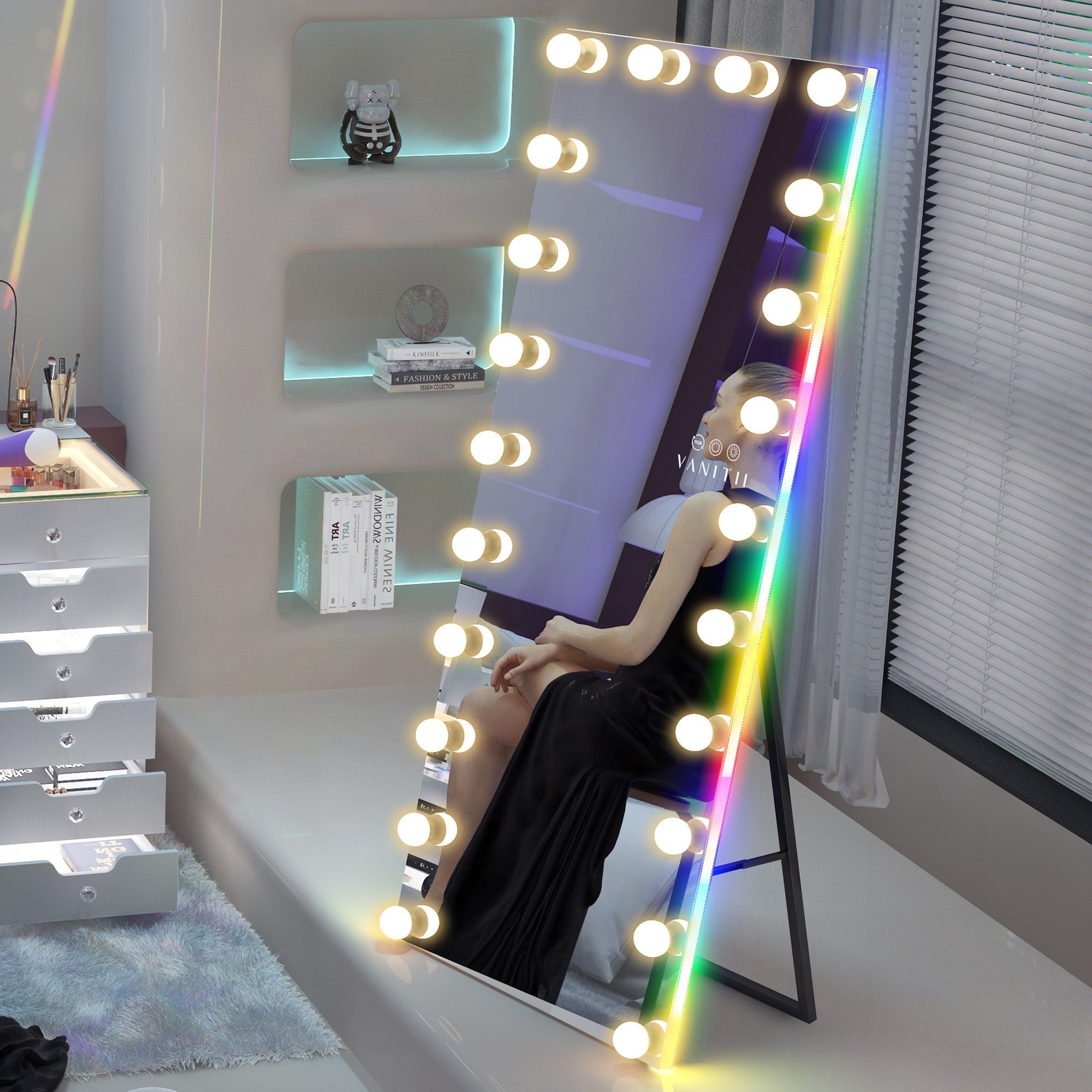This full-length vanity mirror is equipped with 22 dimmable LED bulbs, intelligent touch control, RGB light strips, a built-in Bluetooth speaker, and a detachable base. It can perfectly showcase your entire body and create an atmosphere in the bedroom.