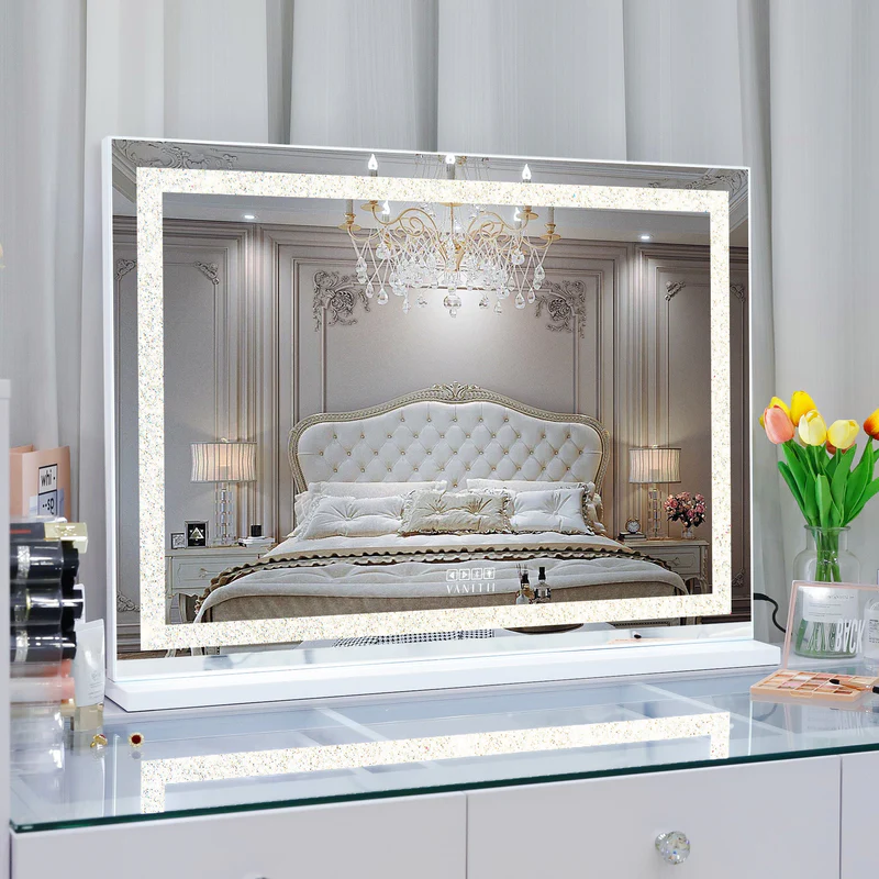 Decorative mirror with a bed reflection in a bedroom setting