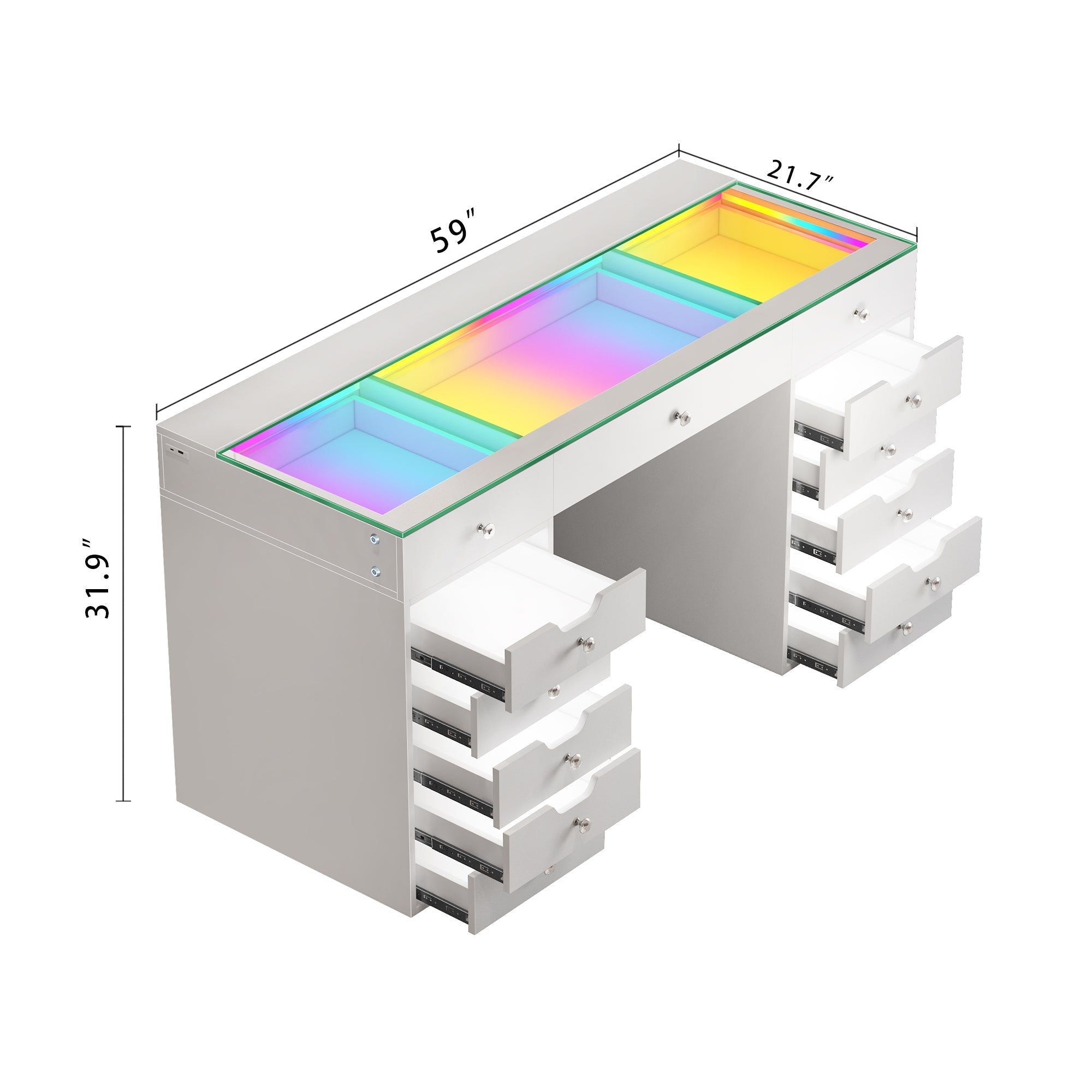 Size of VANITII Eva Vanity Desk with 13 Storage Drawers with Full Light &RGB