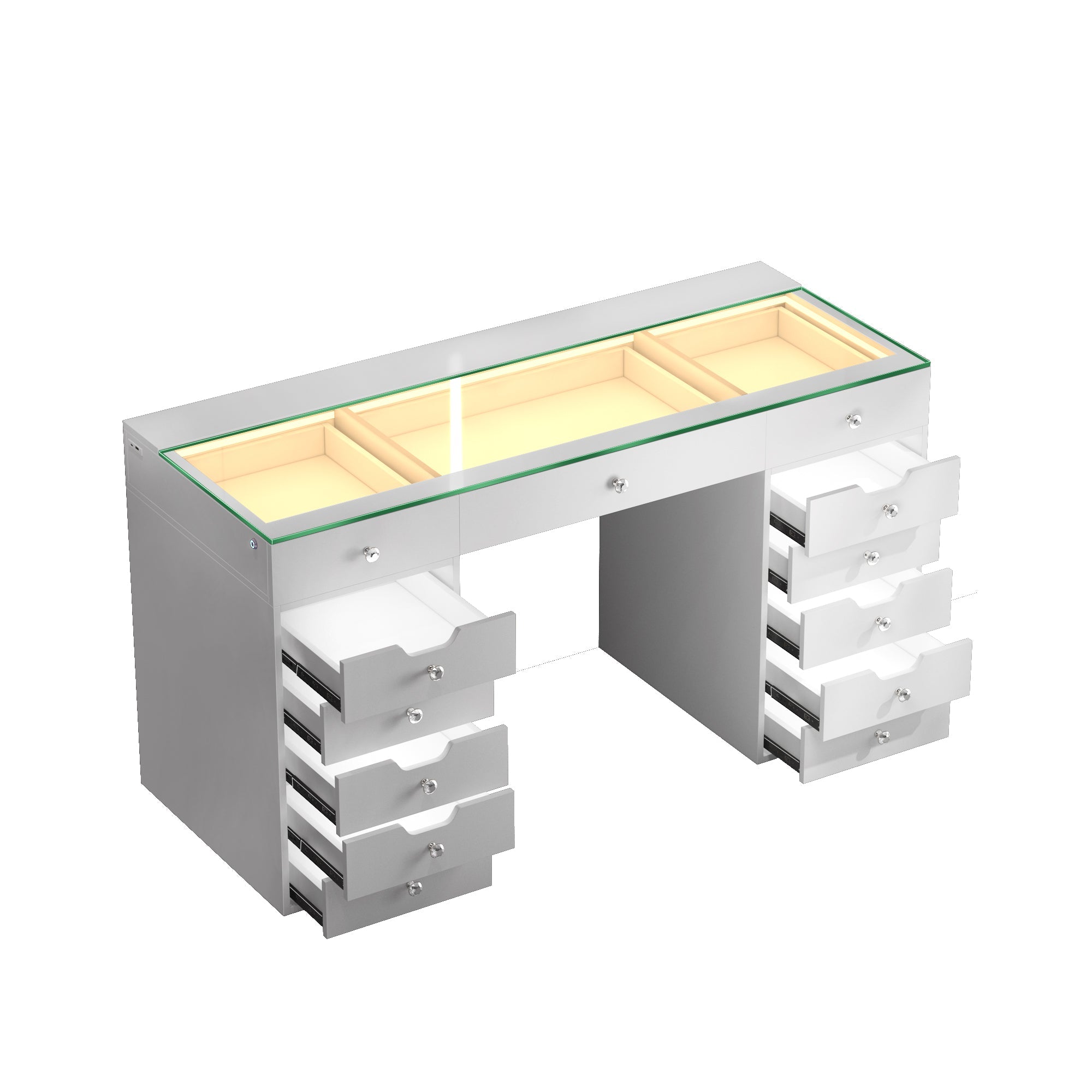 VANITII Eva Vanity Makeup desk with glass tabletop, 13 storage drawers, and built-in LED light strip. Also features Type C and USB charging ports.It features a simple white design, which is both fashionable and versatile.
