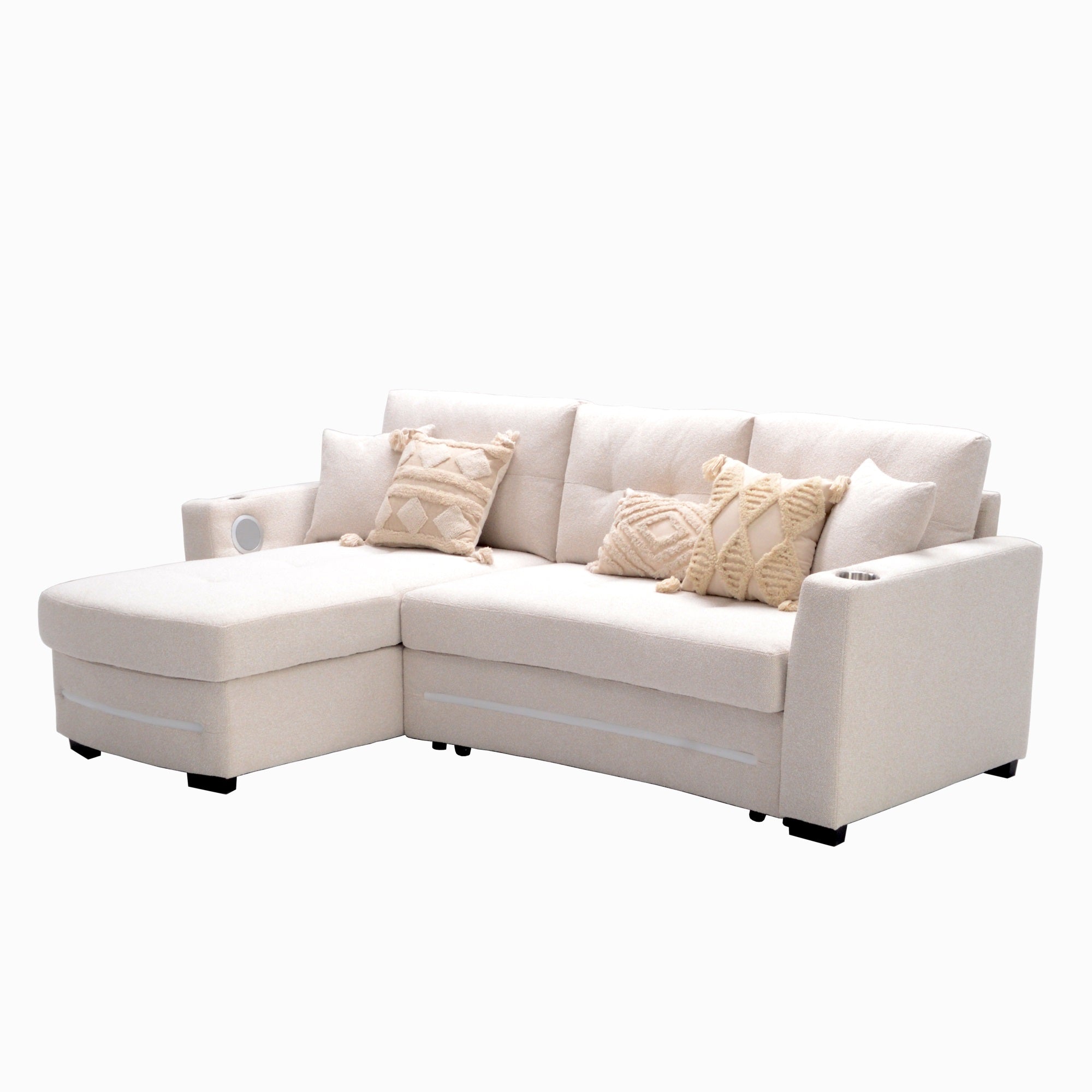 A beige L-Shape Sofa with storage and Pull-out bed.Its directions is LHF.