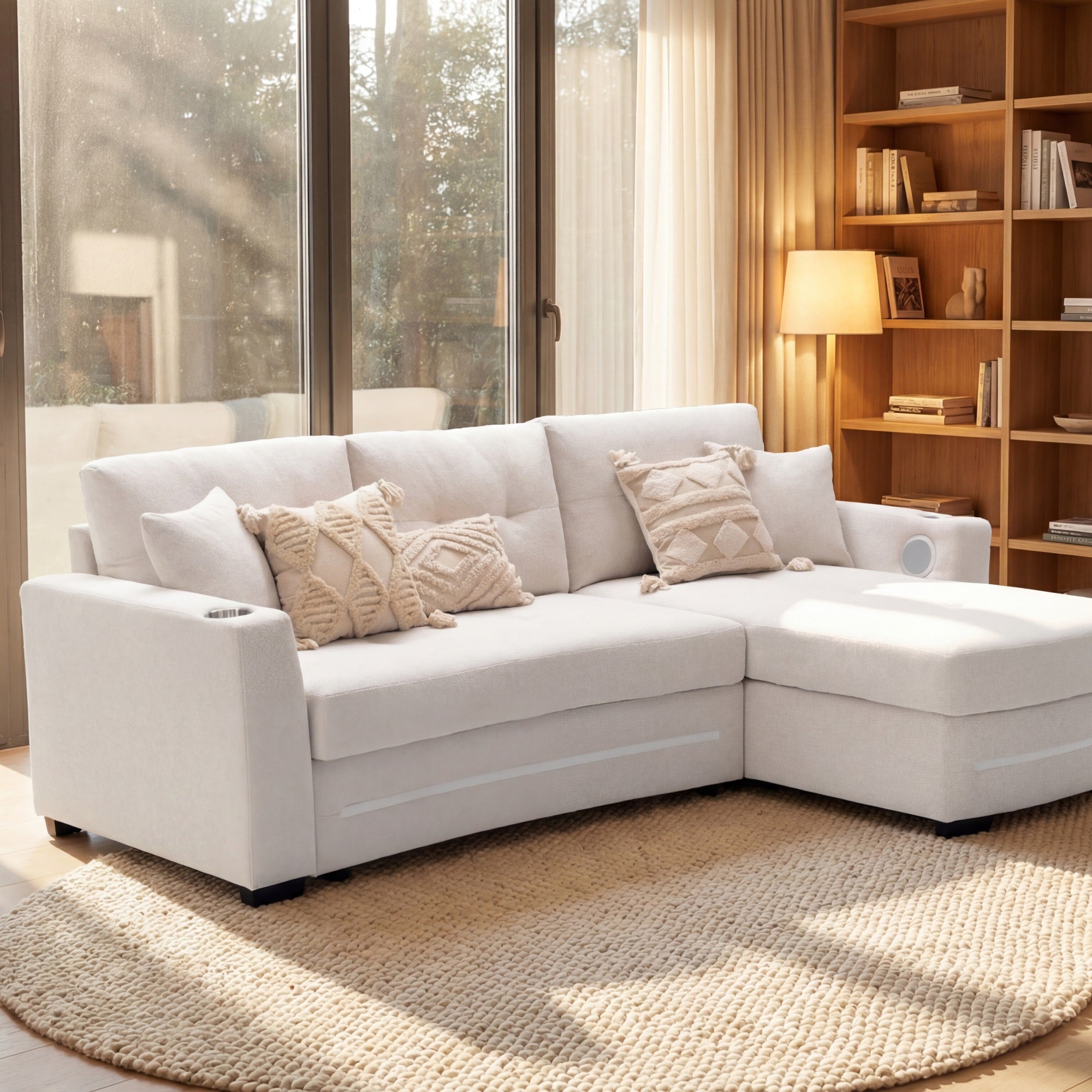 A beige L-Shape Sofa with storage and Pull-out bed.Its directions is RHF.The overall design is simple and beige. It is placed in the living room and is both practical and versatile.