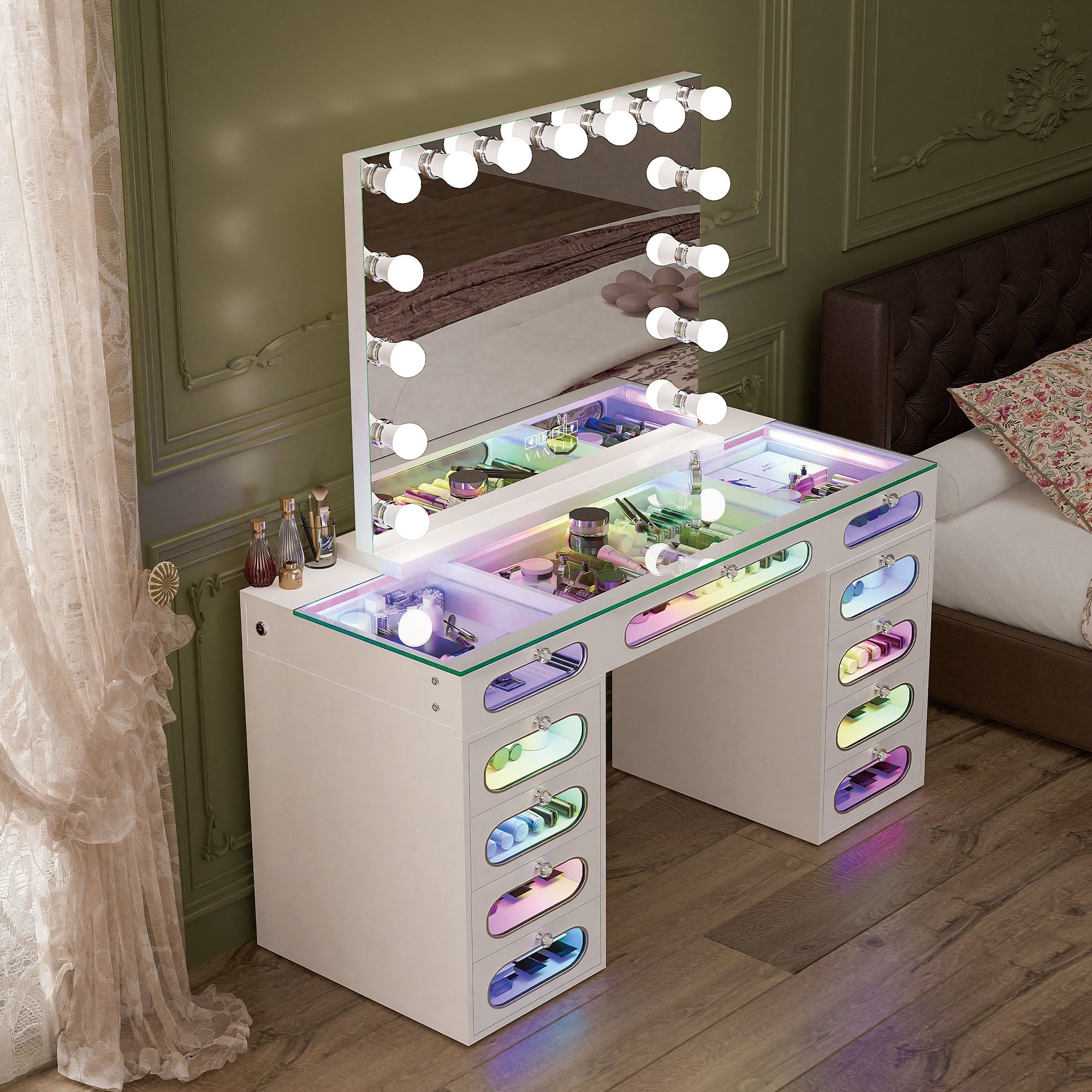 VANITII Priscilla Vanity Desk features 11 Glass Fronted Drawers with Crystal Handles.And it built-in LED light Strip on the Desktop and in the Drawers.Also customizable RGB mood lighting.It features a simple white design. When placed in the bedroom, it perfectly combines beauty and functionality.