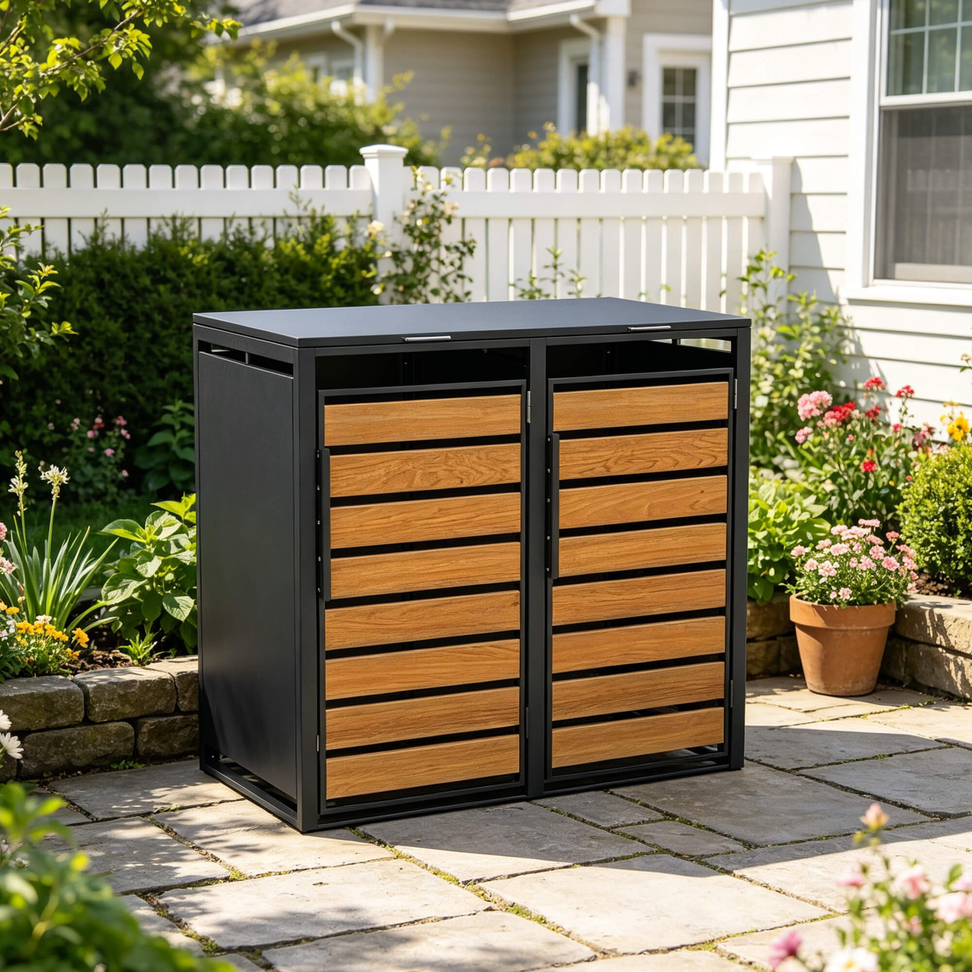 Double-Door Stell Trash Can Enlosure With  Nature Wood Grain Front Door