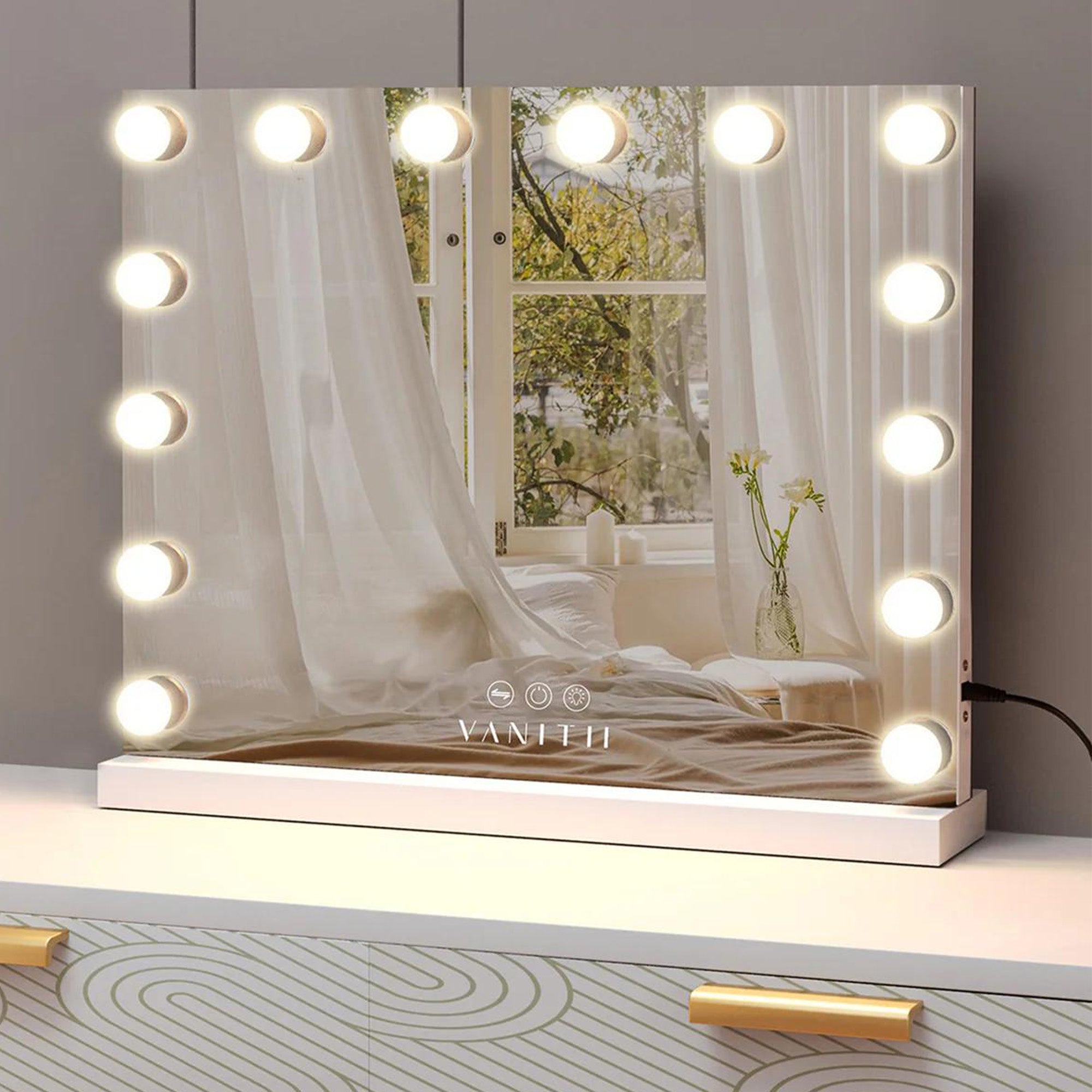 VANITII Vanity Mirror features 14 adjustable light bulbs of 3 different color temperatures, smart touch control, and a detachable base. The frame of the mirror is designed in a simple white style. When placed on the vanity desk in the bedroom, it perfectly combines beauty and functionality.