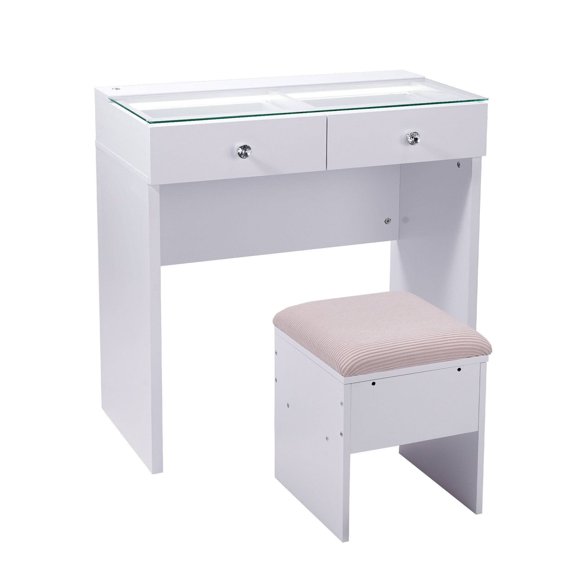 VANITII Aisling Vanity Desk features 2 Storage Drawers with Crystal Handles,built-in light strip on the desktop and adjustable brightness.It features a simple white design and perfectly combines beauty and functionality.