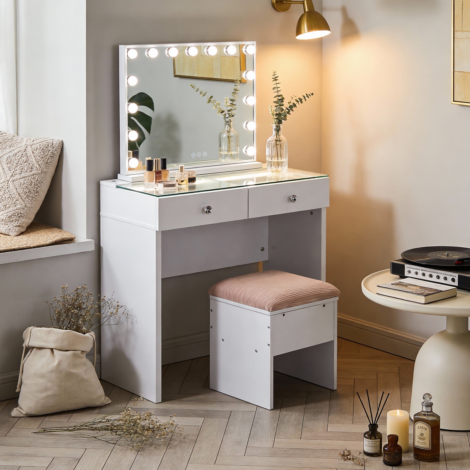 VANITII Aisling Vanity Desk features 2 Storage Drawers with Crystal Handles,built-in light strip on the desktop and adjustable brightness.It features a simple white design. When placed in the bedroom, it perfectly combines beauty and functionality.