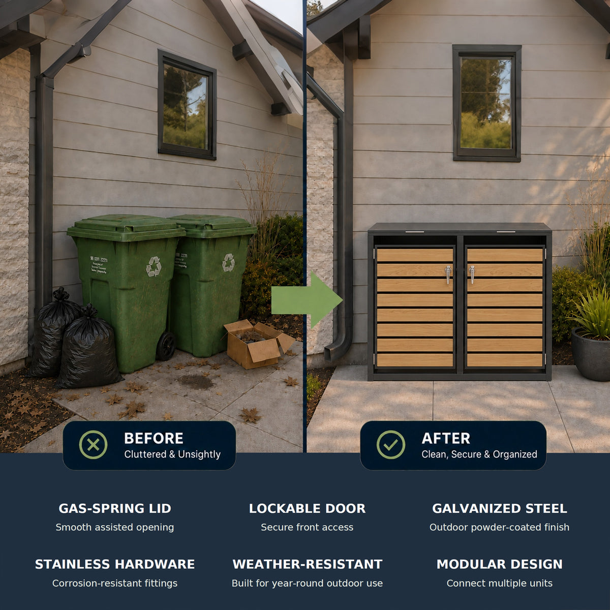Double-Door Stell Trash Can Enlosure With  Nature Wood Grain Front Door