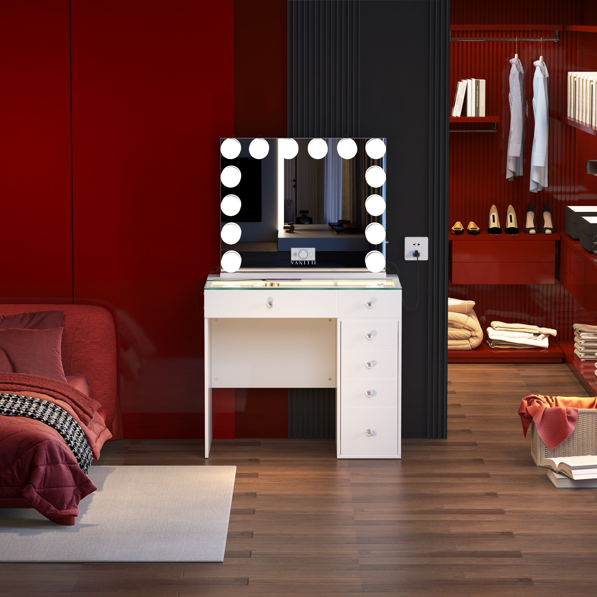 VANITII Diana Vanity Desk features 6 drawers with crystal handles, Type-C and USB charging ports, and 3 color LED light strip built into the glass countertop. It features a simple white design. When placed in the bedroom, it perfectly combines beauty and functionality.