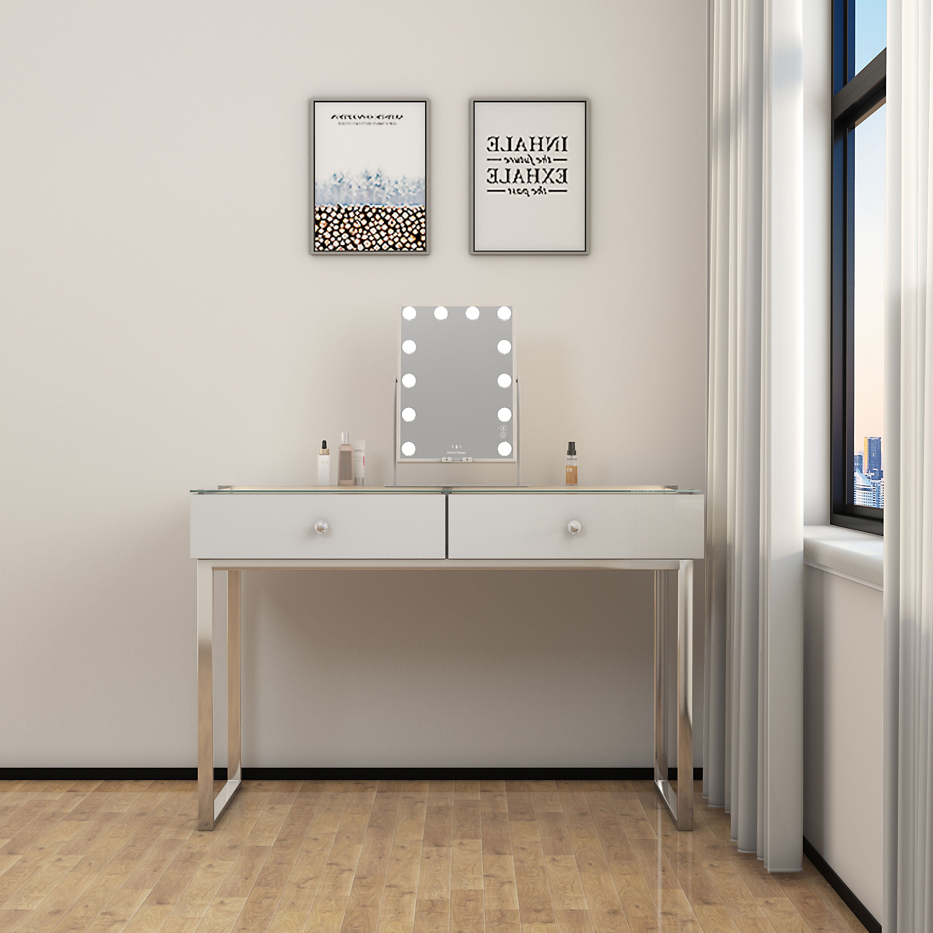 VANITII Hathaway Hollywood Slim Vanity Mirror with Wireless Charging L - 12 Dimmable LED Bulbs vanitii