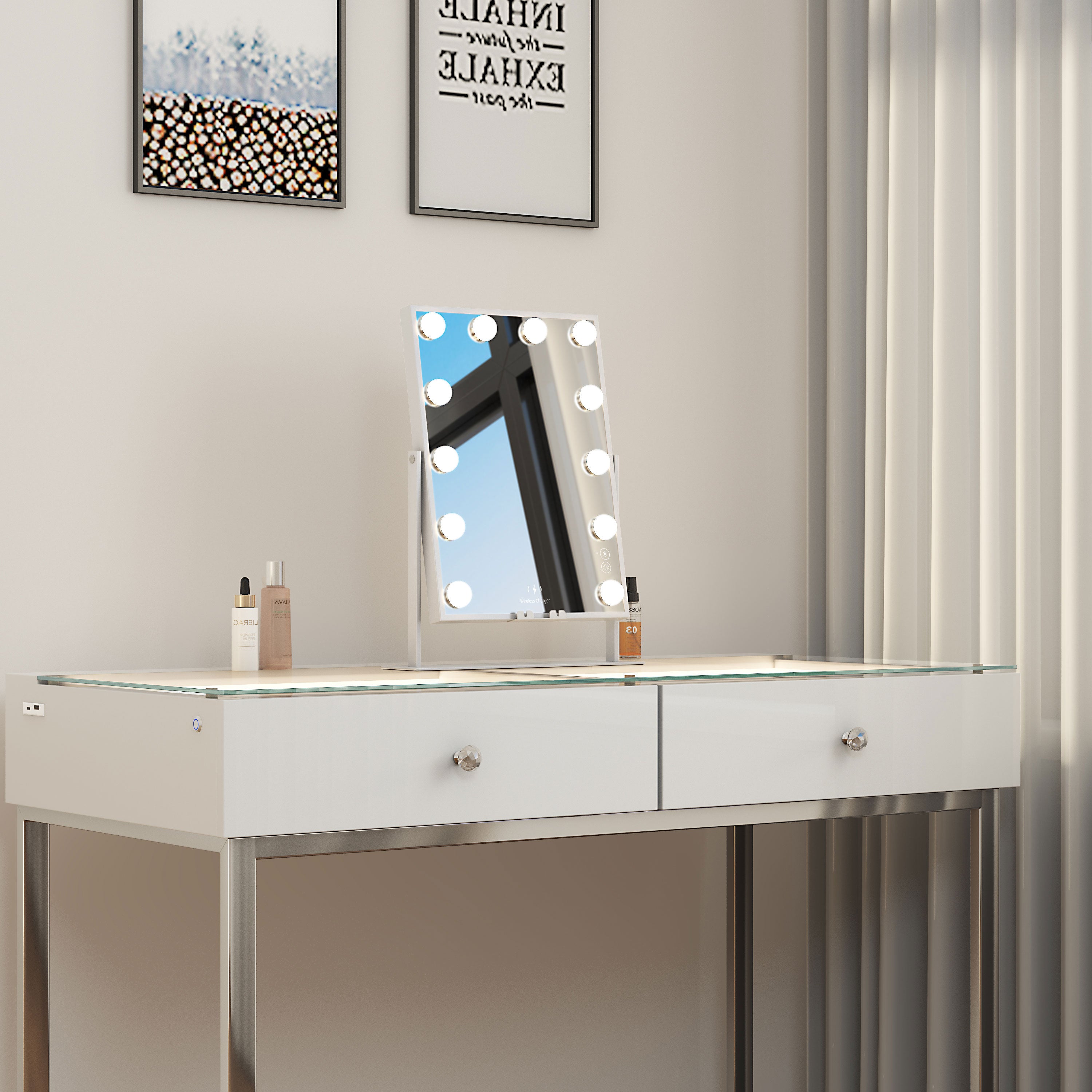 VANITII Hathaway Hollywood Slim Vanity Mirror with Wireless Charging L - 12 Dimmable LED Bulbs vanitii