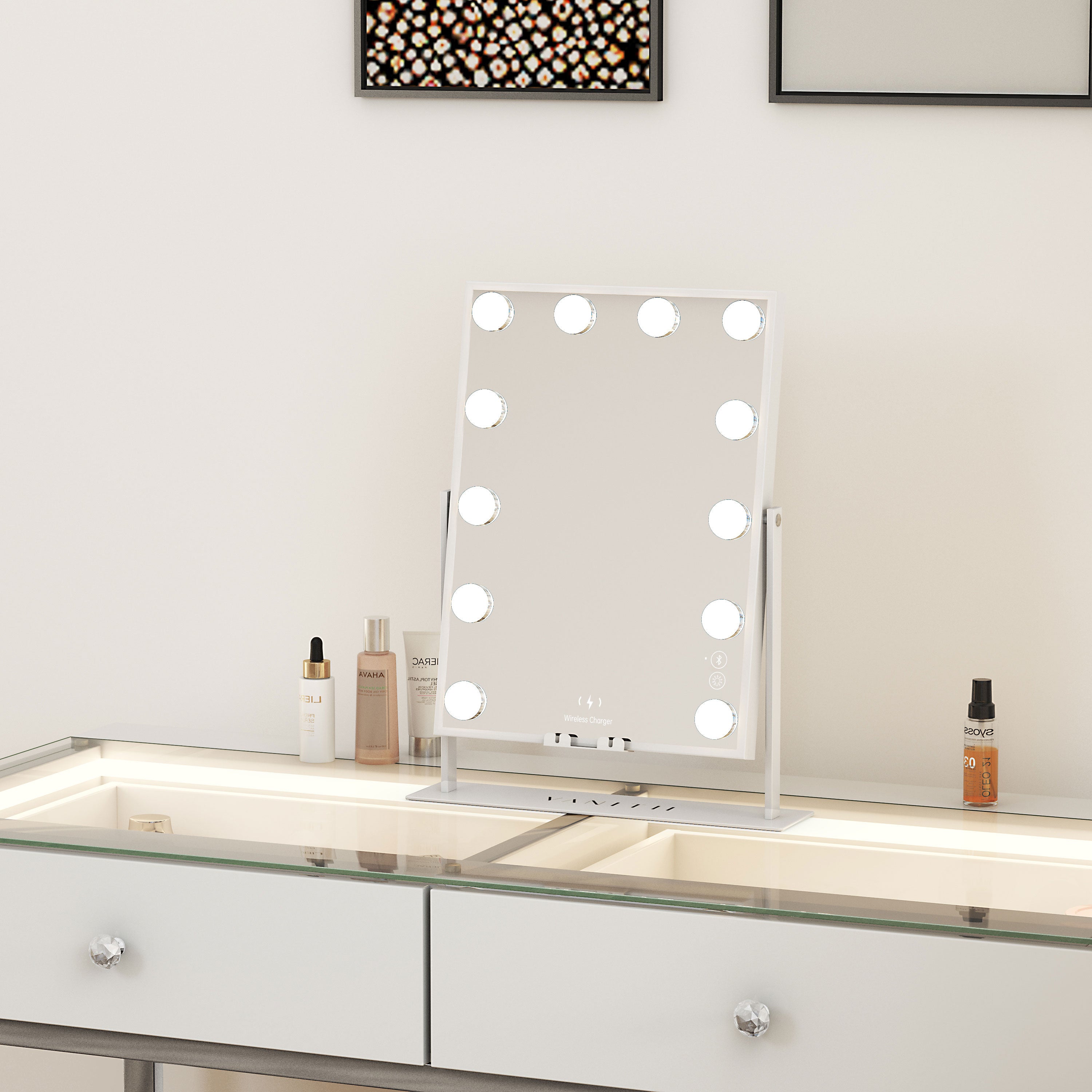 VANITII Hathaway Hollywood Slim Vanity Mirror with Wireless Charging L - 12 Dimmable LED Bulbs vanitii