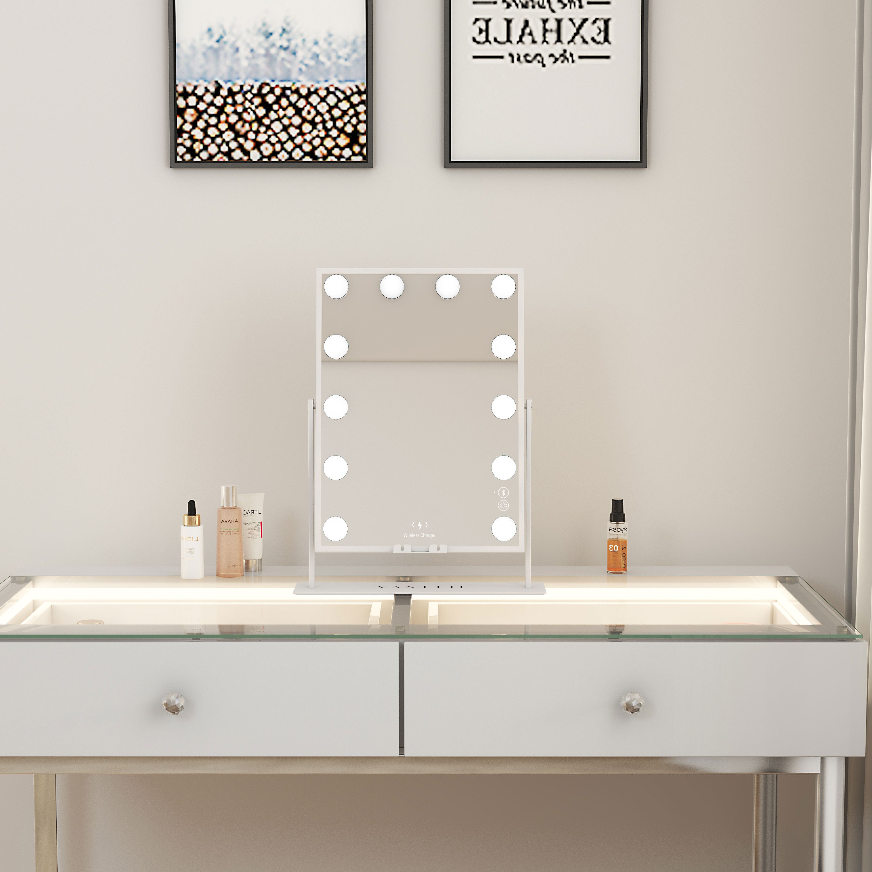 VANITII Hathaway Hollywood Slim Vanity Mirror with Wireless Charging L - 12 Dimmable LED Bulbs vanitii