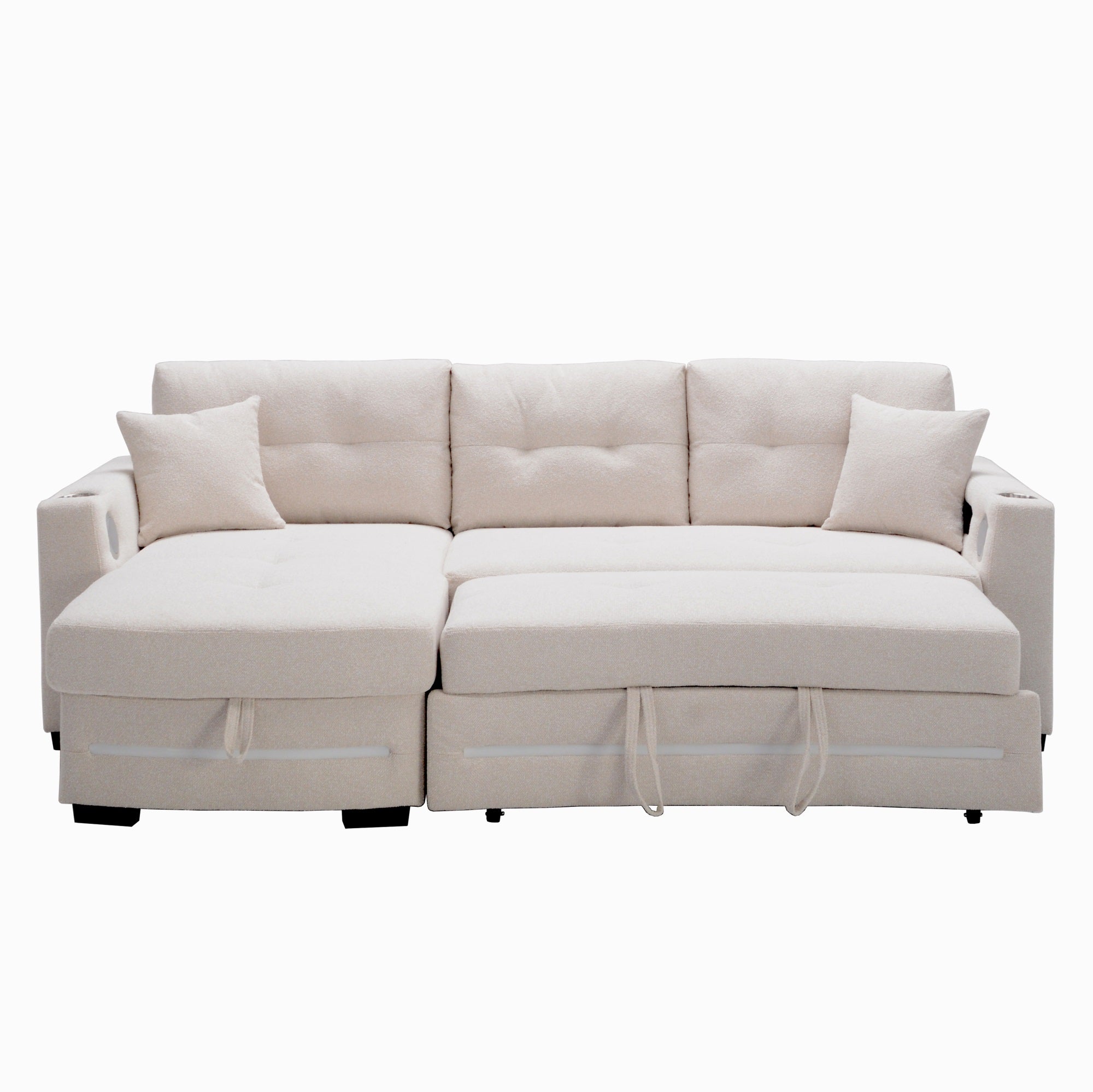 A beige L-Shape Sofa with storage and Pull-out bed.Its directions is LHF.It converts into a bed.