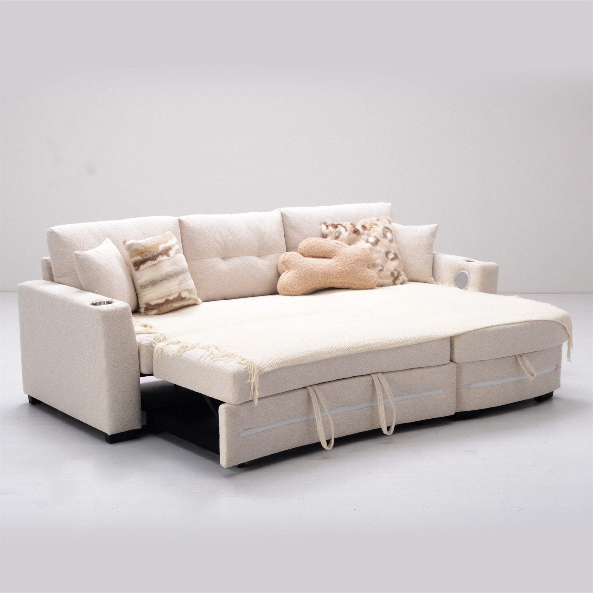 A beige L-Shape Sofa with storage and Pull-out bed.Its directions is RHF.It converts into a bed.