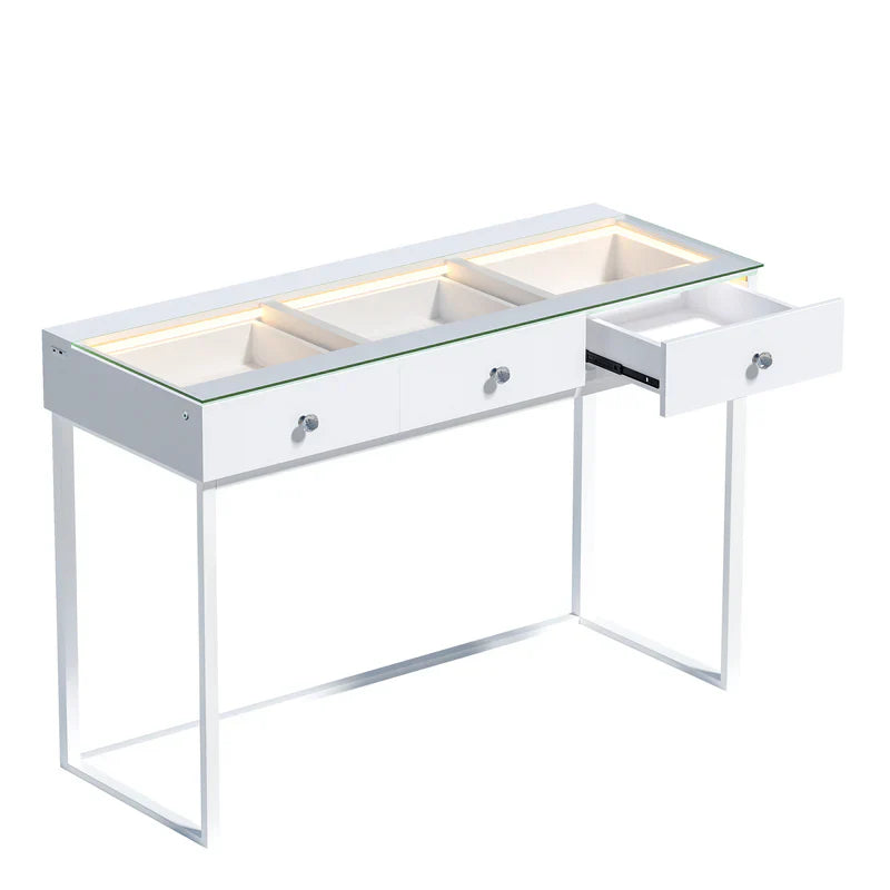VANITII Billie vatity desk features 3 drawers and built-in white light strip.It features a simple and white design.