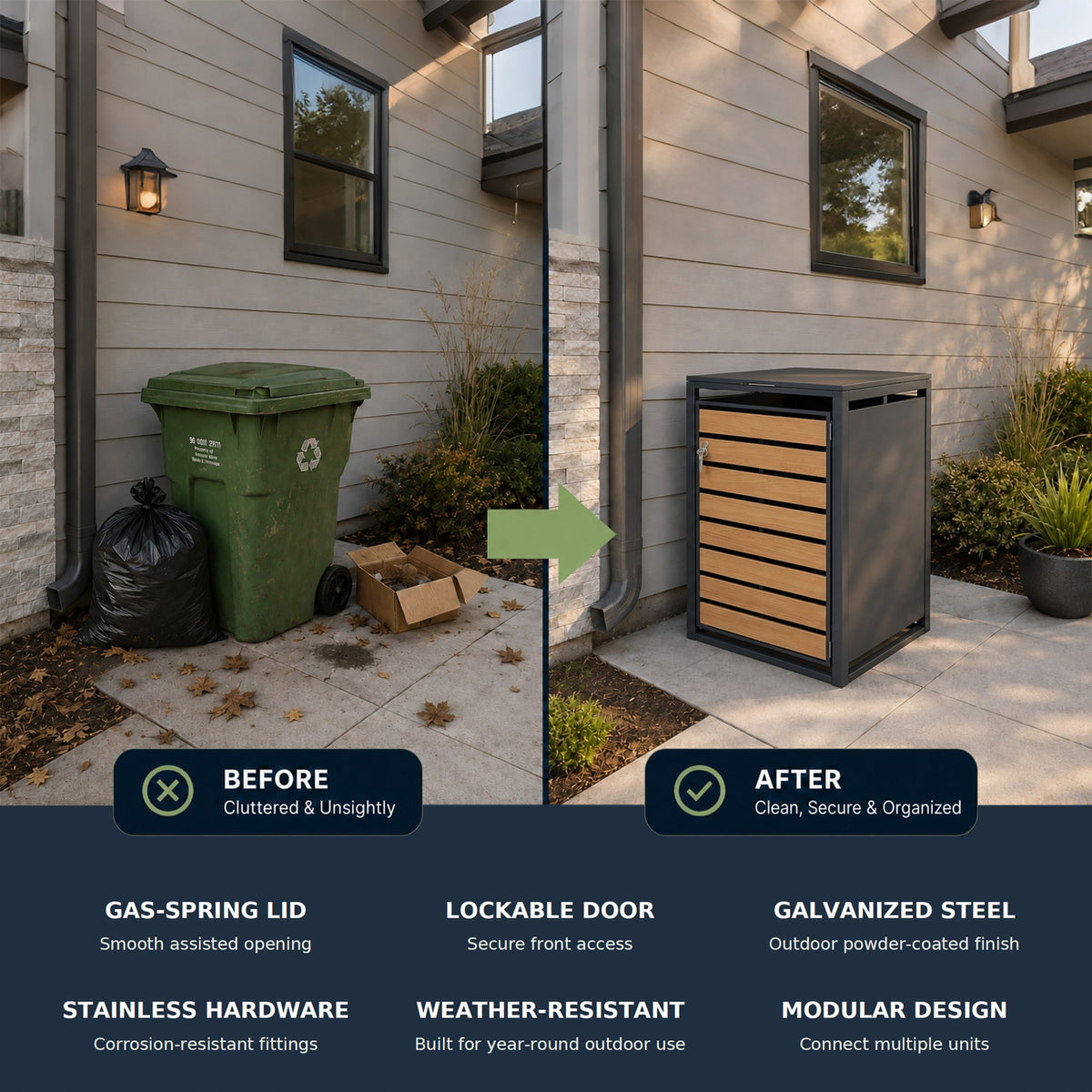 Single-Door Steel Trash Can Enclosure With  Nature Wood Grain Front Door