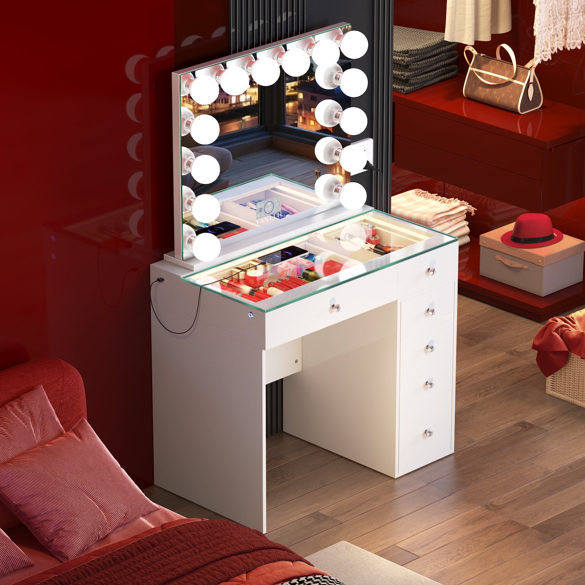 VANITII Diana Vanity Desk features 6 drawers with crystal handles, Type-C and USB charging ports, and 3 color LED light strip built into the glass countertop. It features a simple white design. When placed in the bedroom, it perfectly combines beauty and functionality.