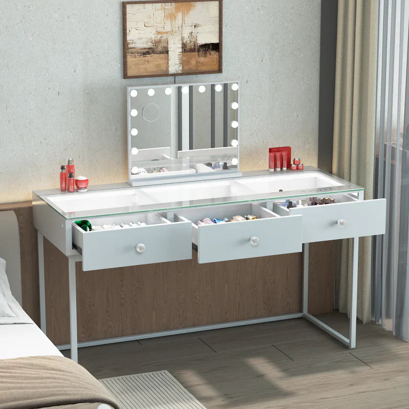 VANITII Billie vatity desk features 3 drawers and built-in white light strip.It features a simple and white design. Placed beside the bed in the bedroom, it is both practical and versatile.