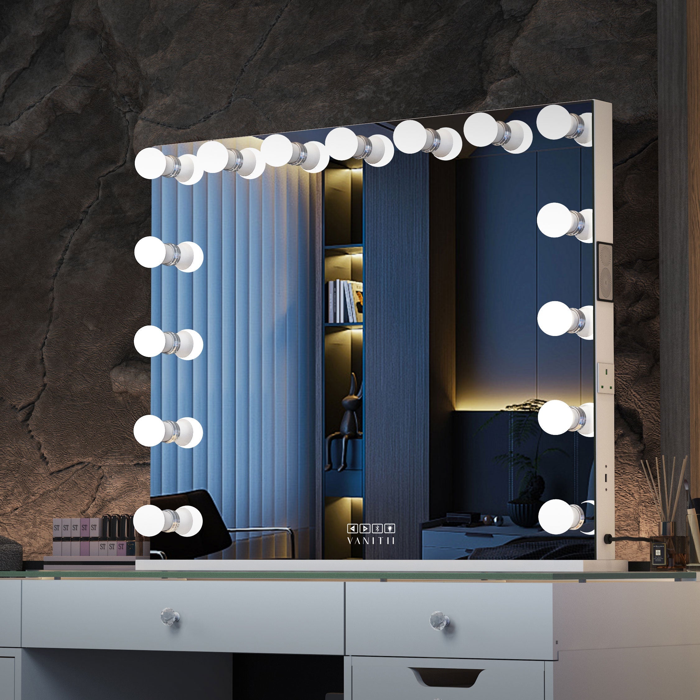 VANITII Marilyn Hollywood Vanity Mirror Pro Max - Tabletop or Wall Mount Vanity Mirror with 15 Dimmable LED Bulbs vanitii,Intelligent touch control，built-in bluetooth speakers and Outlet and USB charging port.It places in the bedroom.Combines fashion and practicality perfectly.