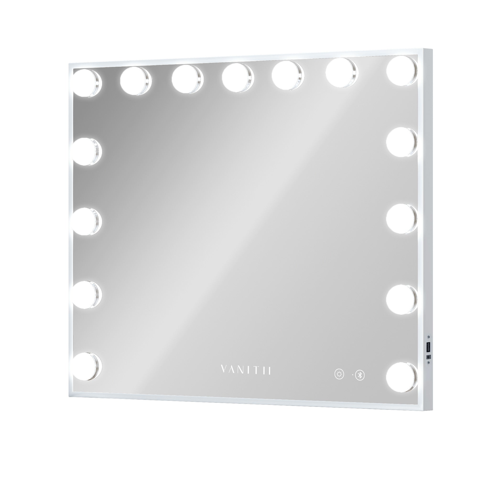 VANITII Mary Hollywood Vanity Mirror XXL features Bluetooth Speakers,15 Dimmable LED Bulbs,Smart touch control and USB charging port.The frame of the mirror is designed in a simple white style,perfectly combine fashion and practicality.