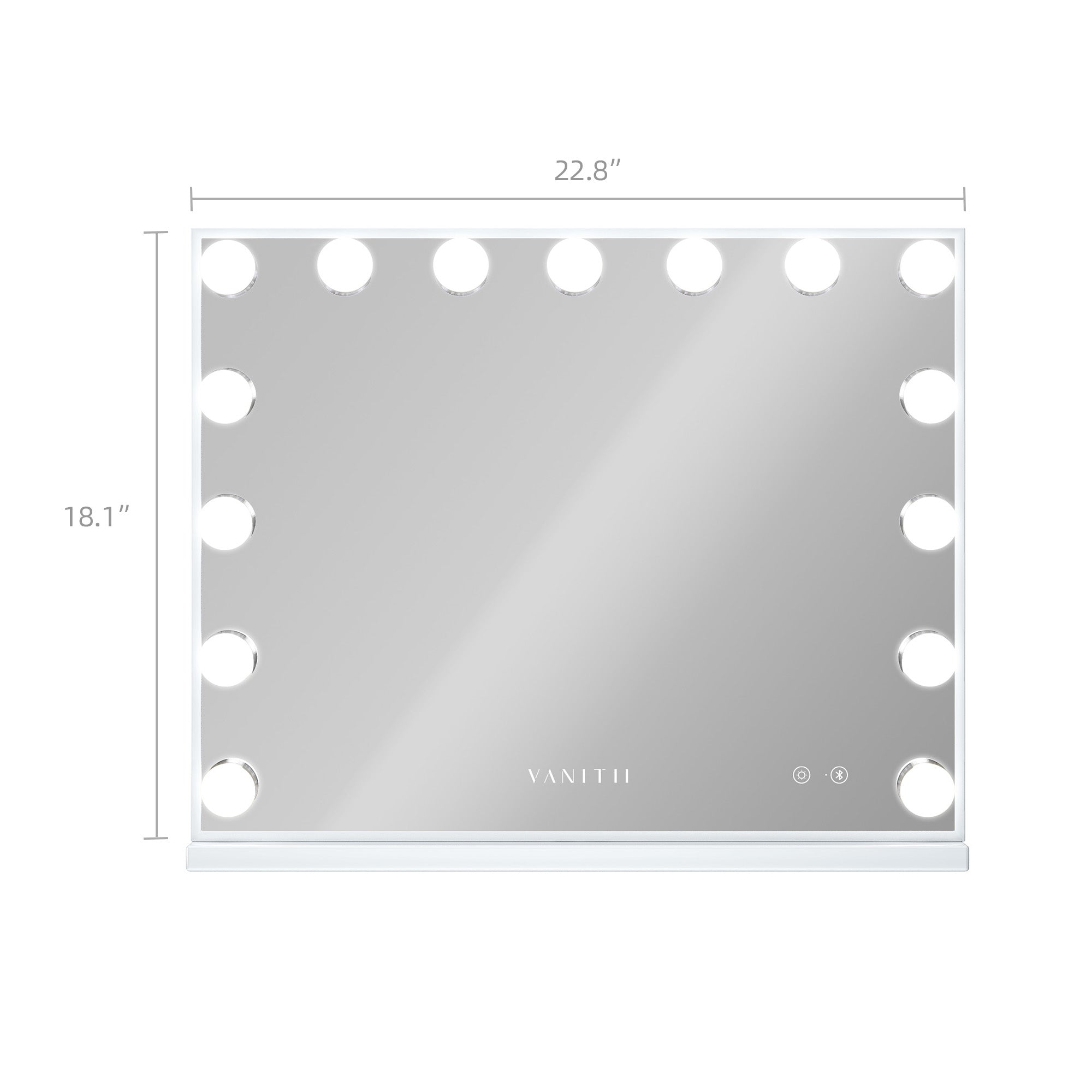 Size of VANITII Mary Hollywood Vanity Mirror with Bluetooth XXL.It features 15 Dimmable LED Bulbs.