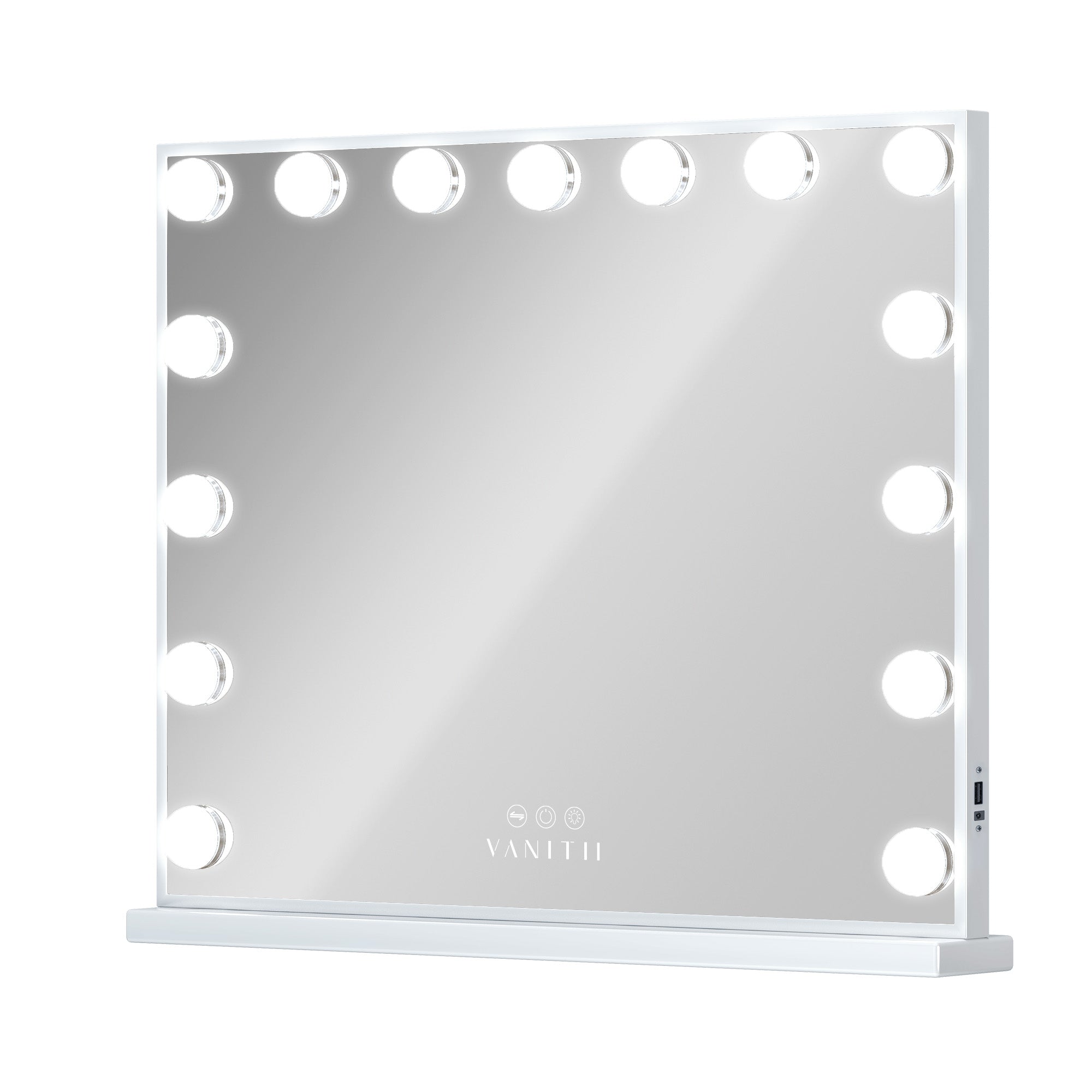 VANITII Mary Hollywood Vanity Mirror XXL features 15 Dimmable LED Bulbs,Smart touch control and Detachable mirror base.The frame of the mirror features a simple white design, perfectly combining fashion and practicality.