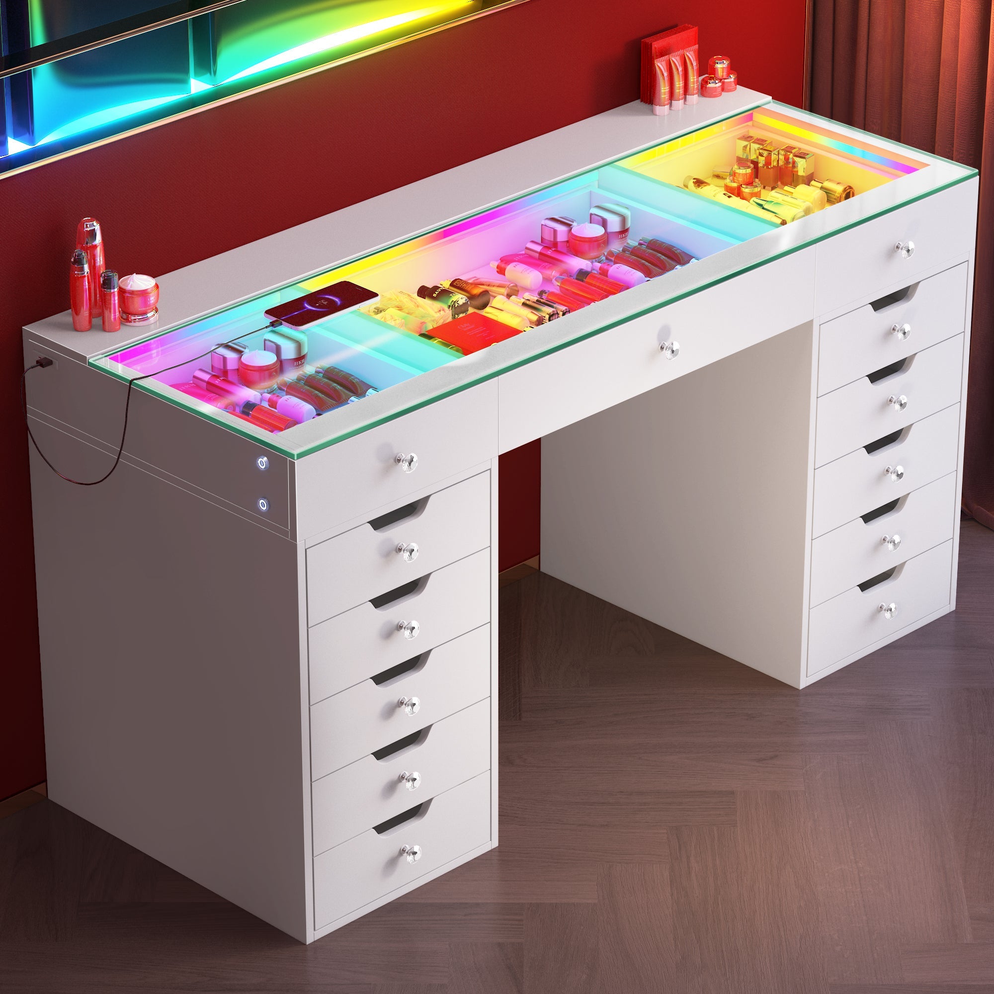 VANITII Eva vanity desk features 13 storage drawers,Type C and USB charging port and build-in RGB LED light strip.It features a simple white design. It is placed in the bedroom and is both practical and versatile.