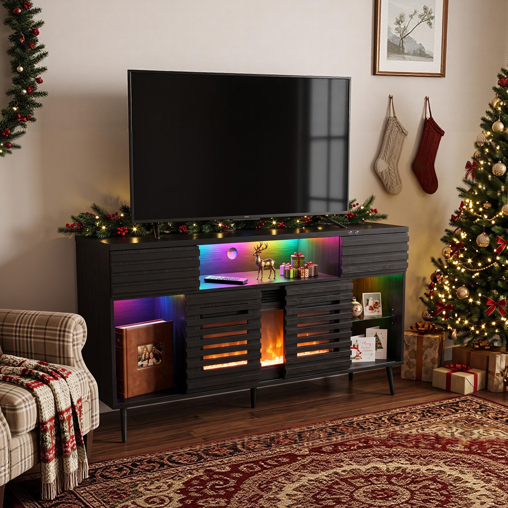 VANITII Mid-Century Fully Assembled Sita TV Stand with Electric Fireplace
