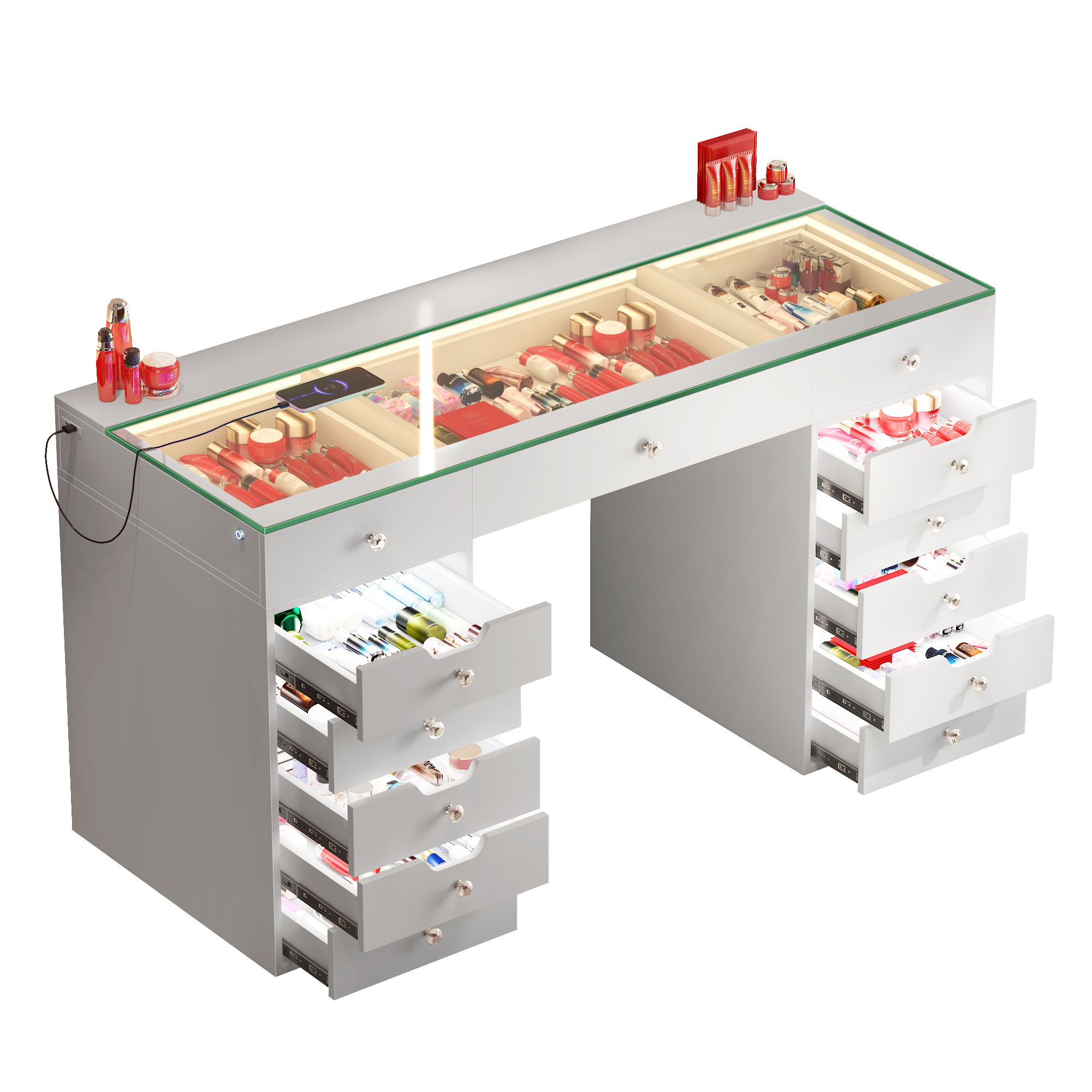VANITII Eva Vanity Makeup desk with glass tabletop, 13 storage drawers, and built-in LED light strip. Also features Type C and USB charging ports.It features a simple white design, which is both fashionable and versatile.