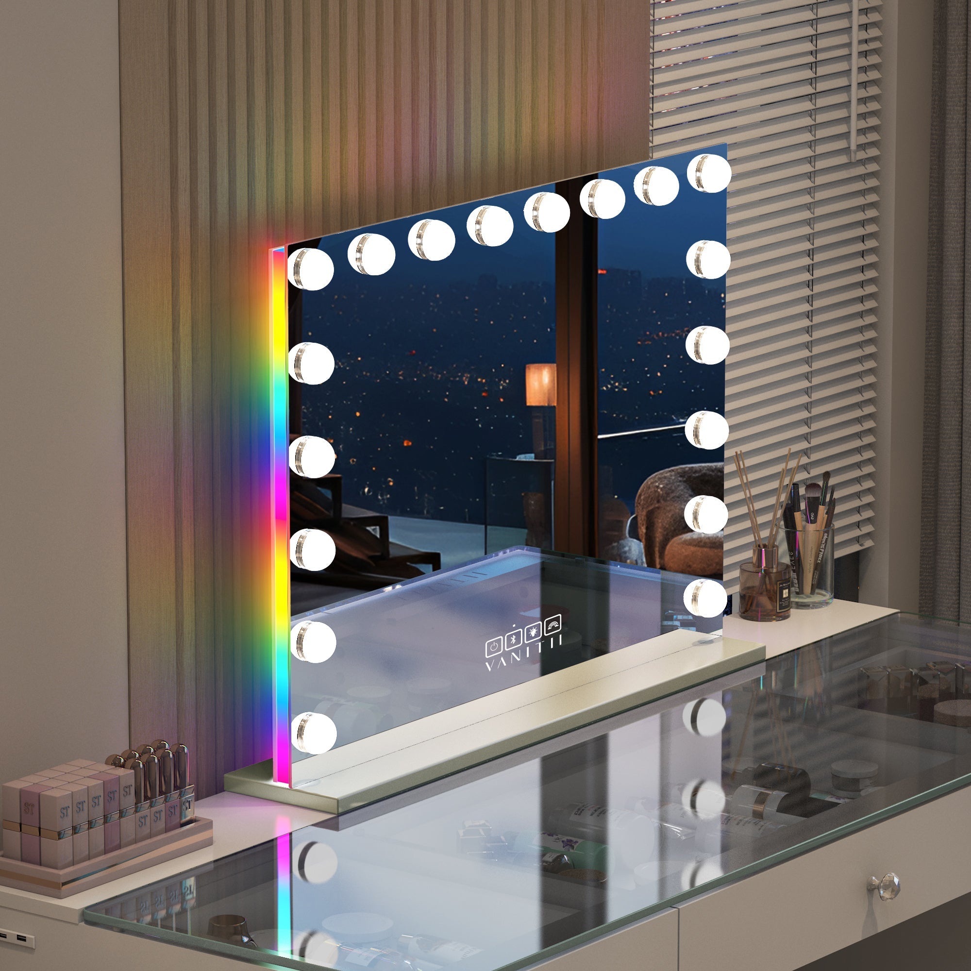 VANITII Hollywood Vanity Mirror features 18 dimmable LED bulbs，built in bluetooth speakers，smart touch control and RGB LED light strip.It is placed on the vanity table in the bedroom and is both practical and versatile.